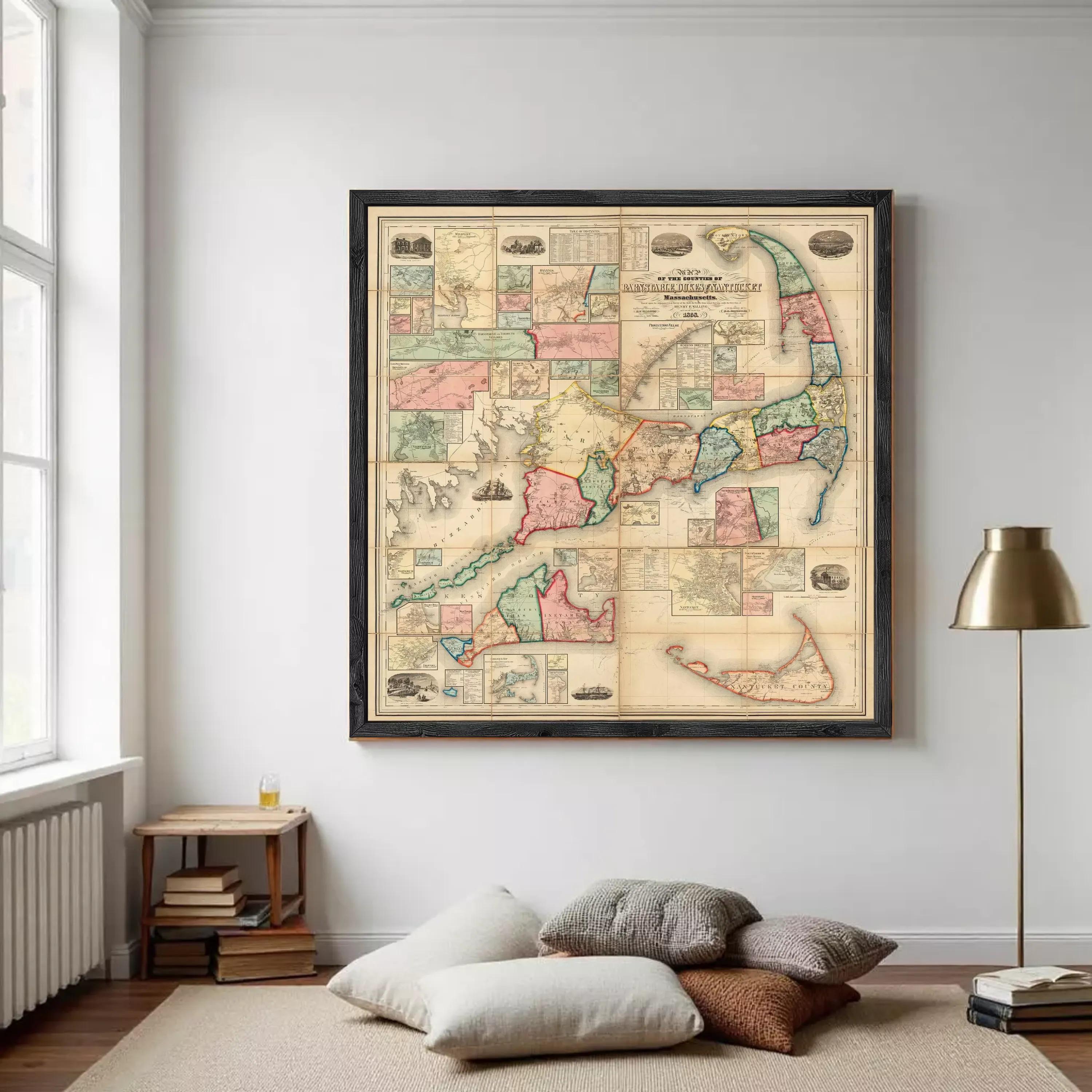 The image is a framed vintage map of the United States, depicting the states and their geographical features.