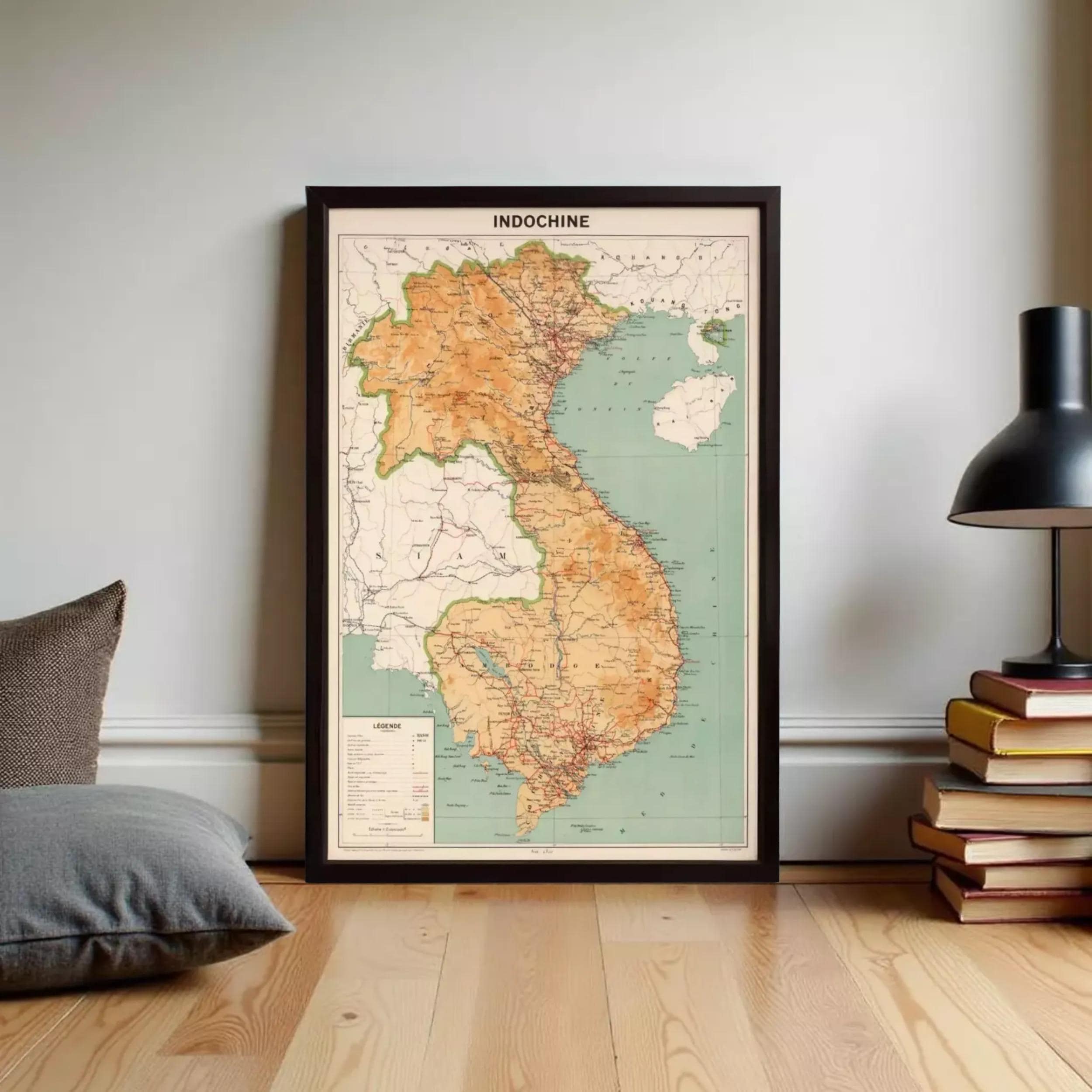 The image is a framed map of Vietnam, showing the country's geographical layout and major cities.