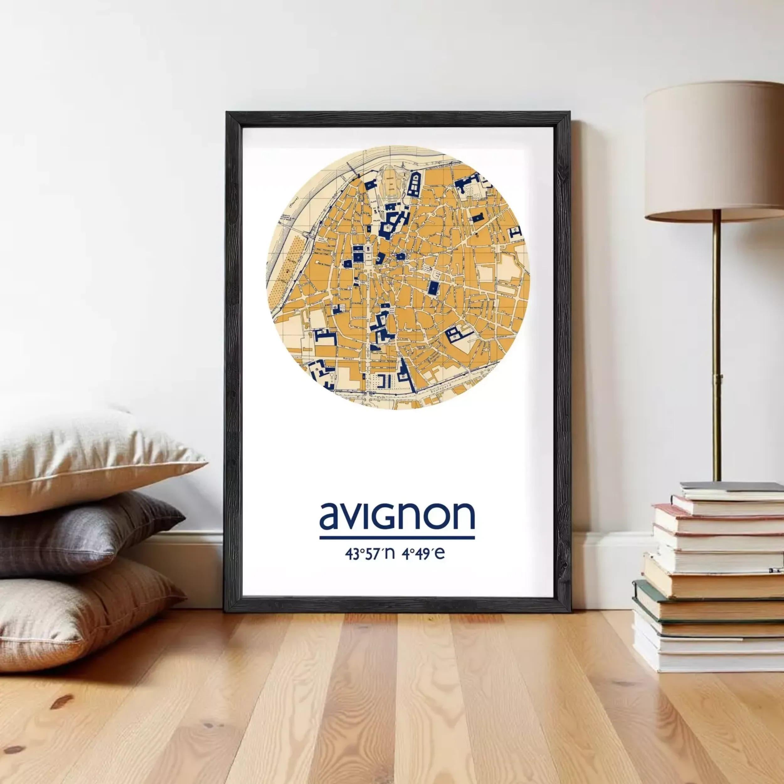 a framed map of Avignon, France, with the city's streets and landmarks depicted in a circular format.
