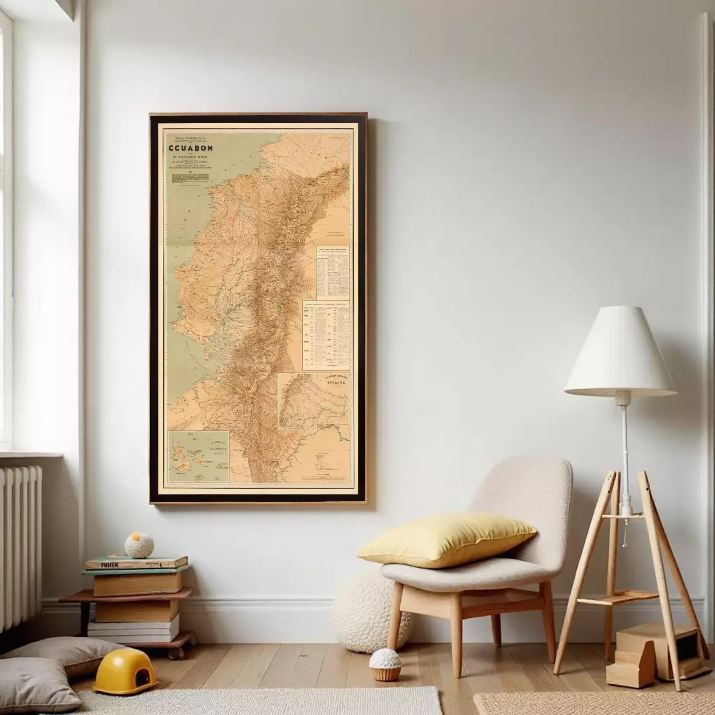 The image is a framed map of Ecuador, showing the country's geographical layout and boundaries.