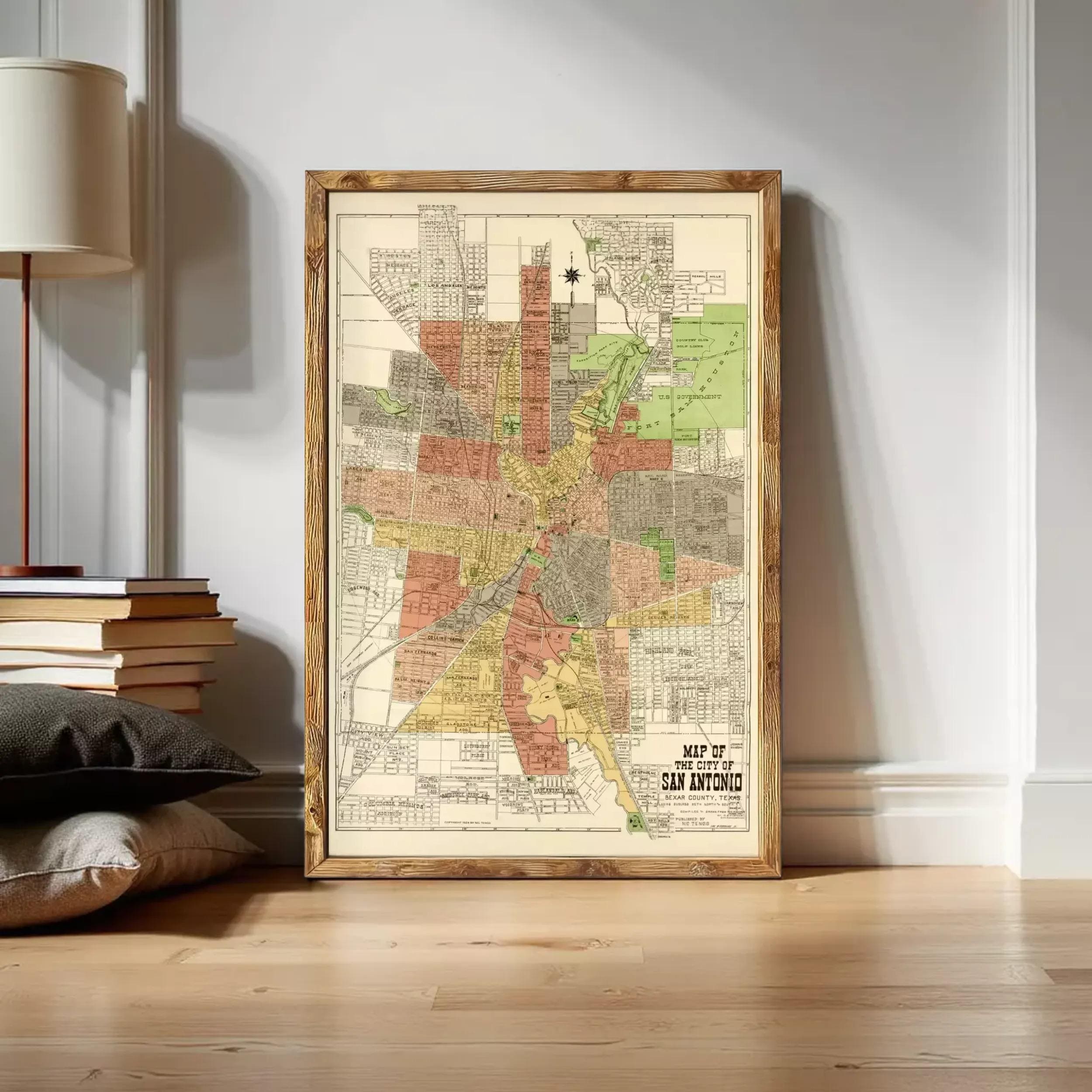 The image is a framed vintage map of San Antonio, Texas, depicting the city's layout and surrounding areas.