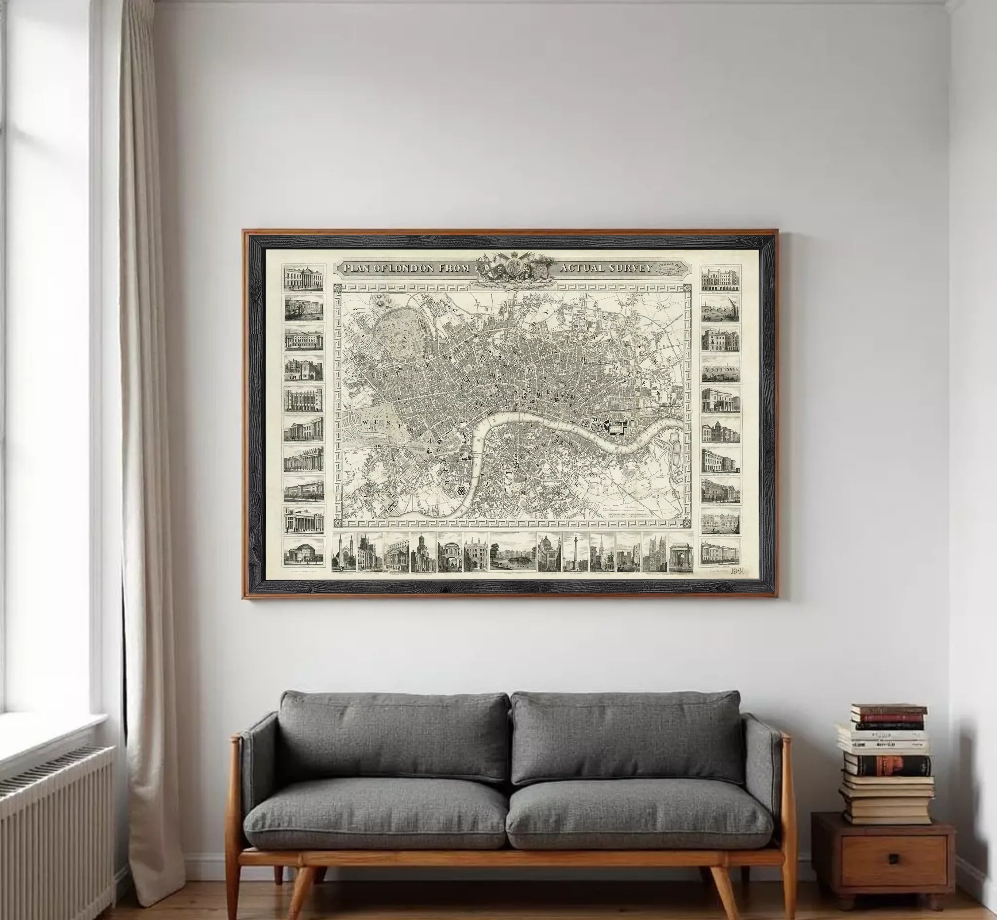 The image is a framed vintage map of London, England, featuring a detailed illustration of the city's streets, landmarks, and surrounding areas.