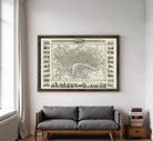 The image is a framed vintage map of London, England, featuring a detailed illustration of the city's streets, landmarks, and surrounding areas.