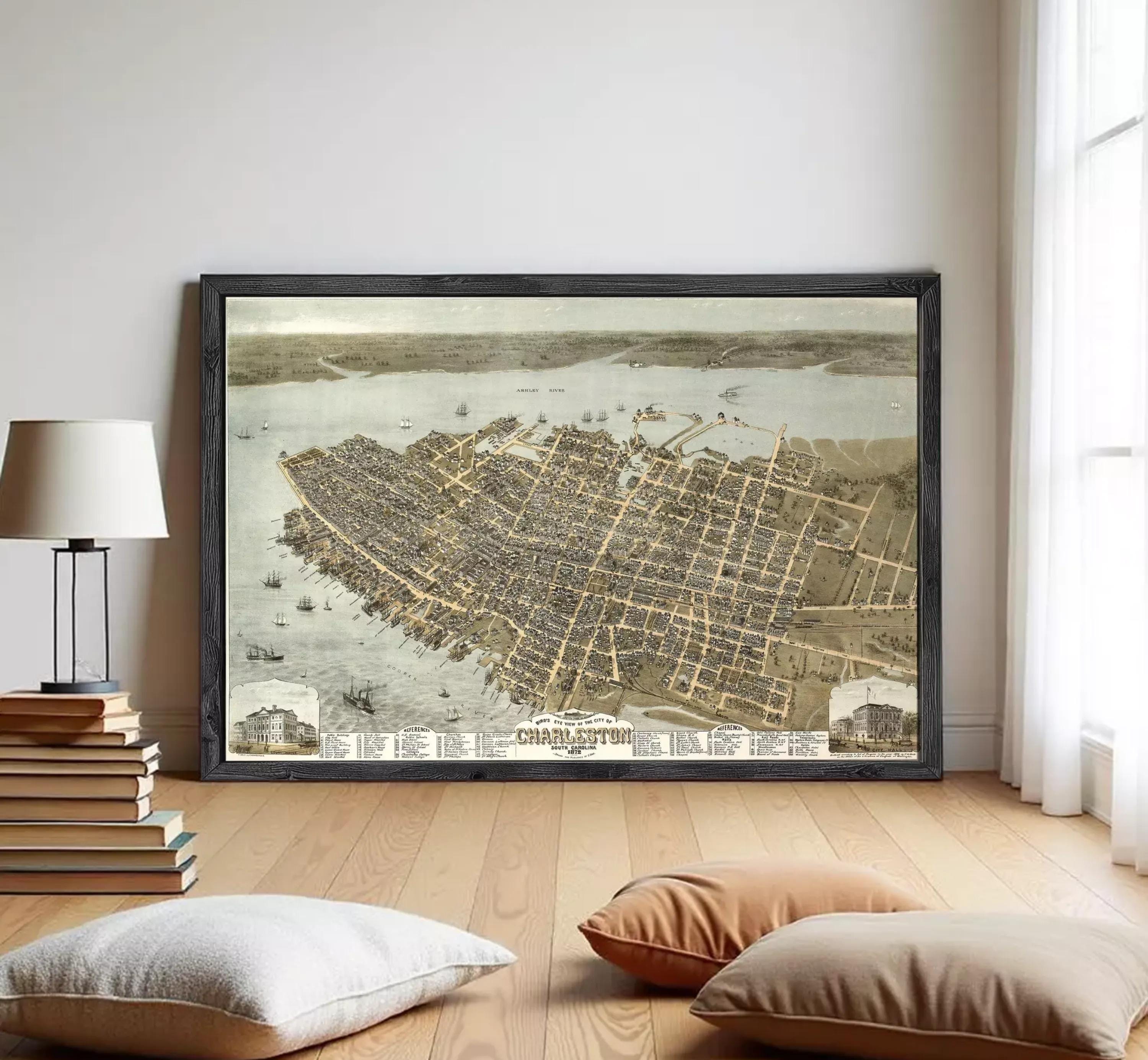 The image is a framed vintage map of the city of Charleston, South Carolina, depicting the city's layout and surrounding areas.
