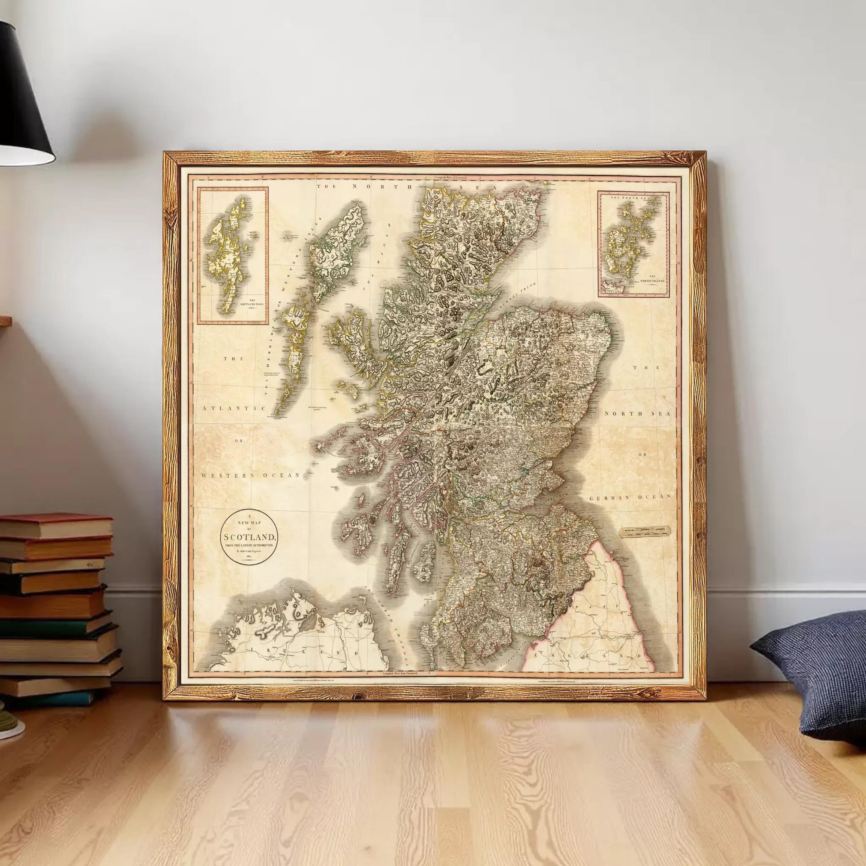 The image is a framed map of Scotland, showing the country's geographical layout and surrounding areas.