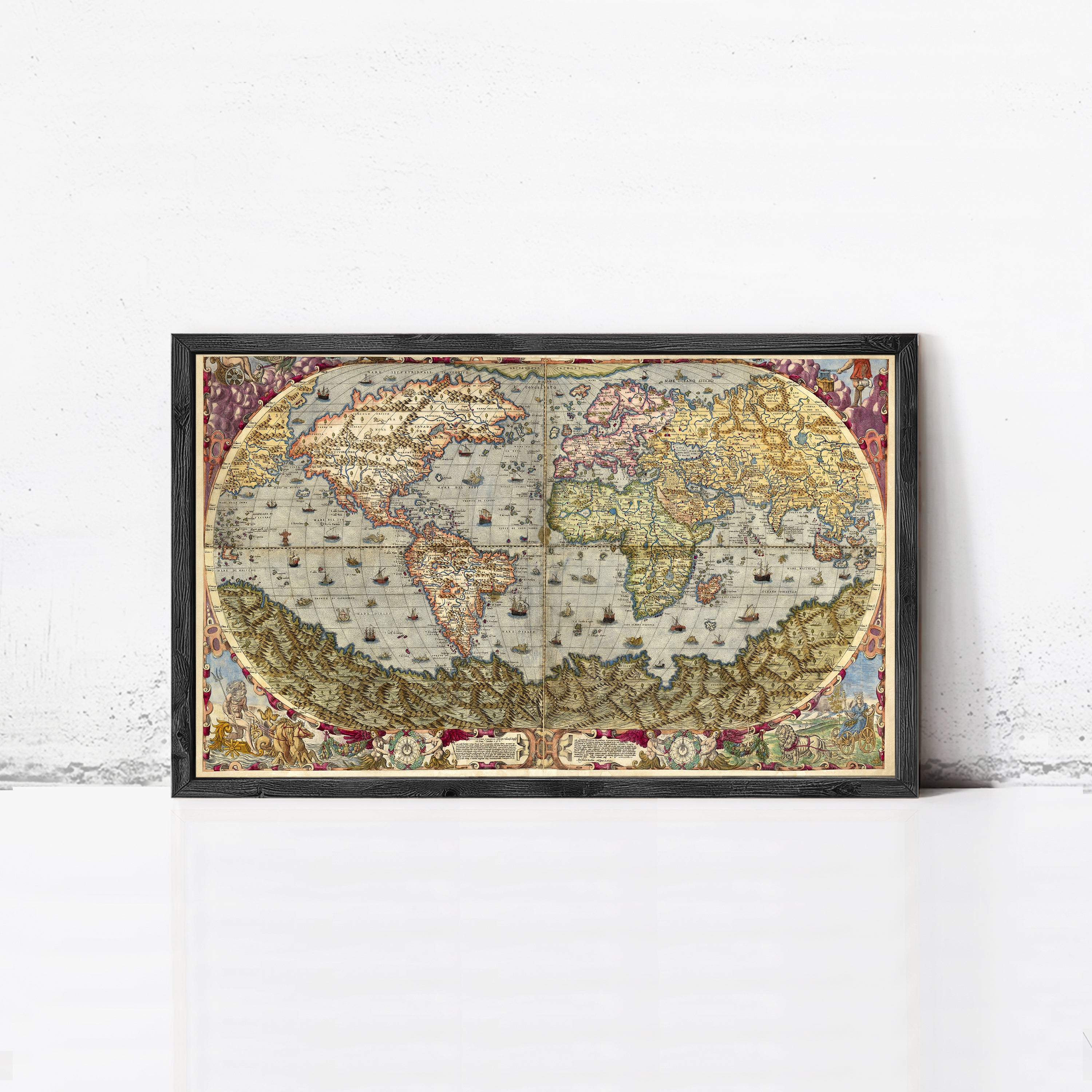 The image is a framed vintage map of the world, depicting the continents and oceans in a detailed and colorful manner.