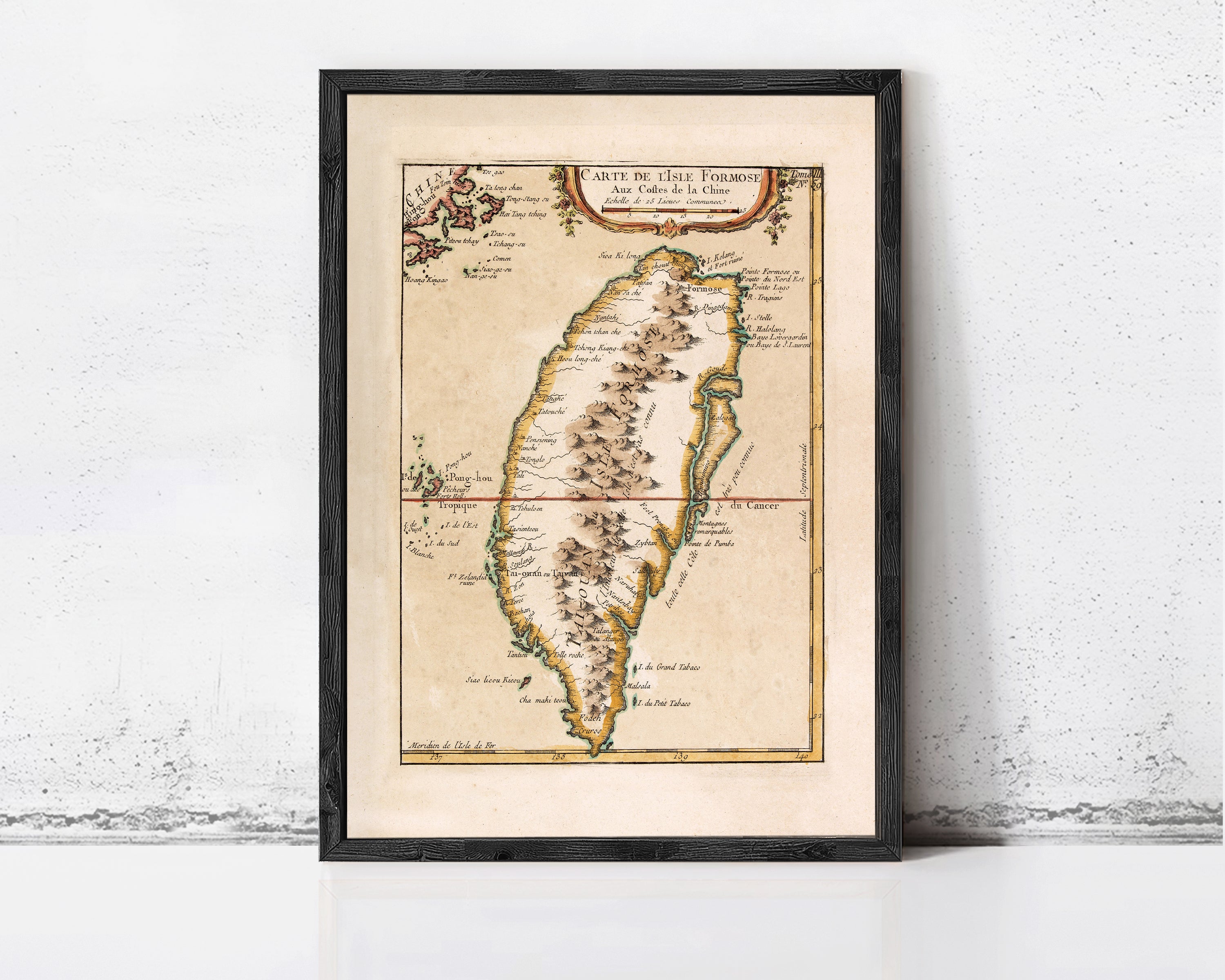 The image is a framed antique map of Taiwan, depicting the island's geographical features and boundaries.