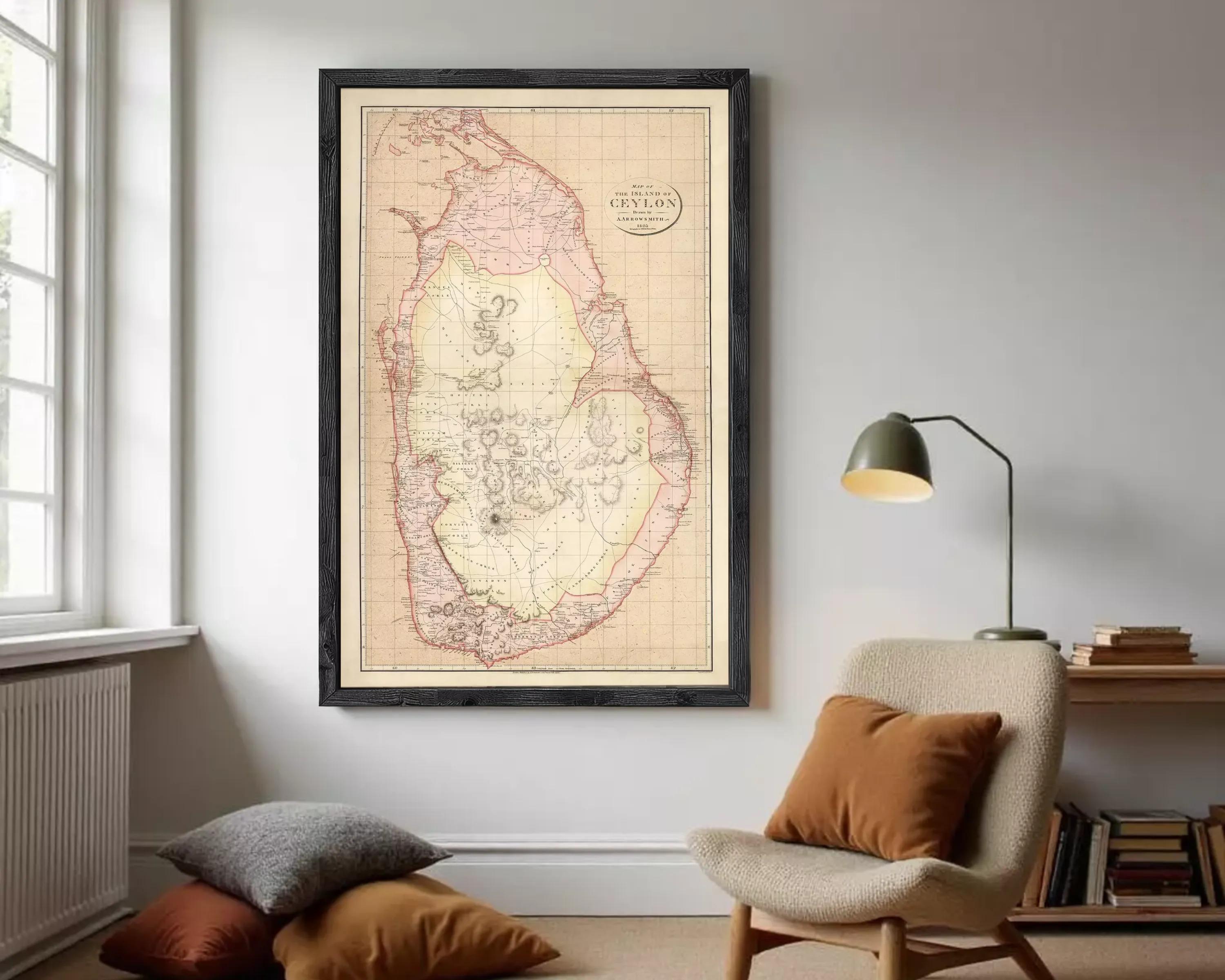 The image is a framed vintage map of Sri Lanka, depicting the country's geographical layout and boundaries.