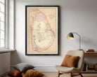 The image is a framed vintage map of Sri Lanka, depicting the country's geographical layout and boundaries.