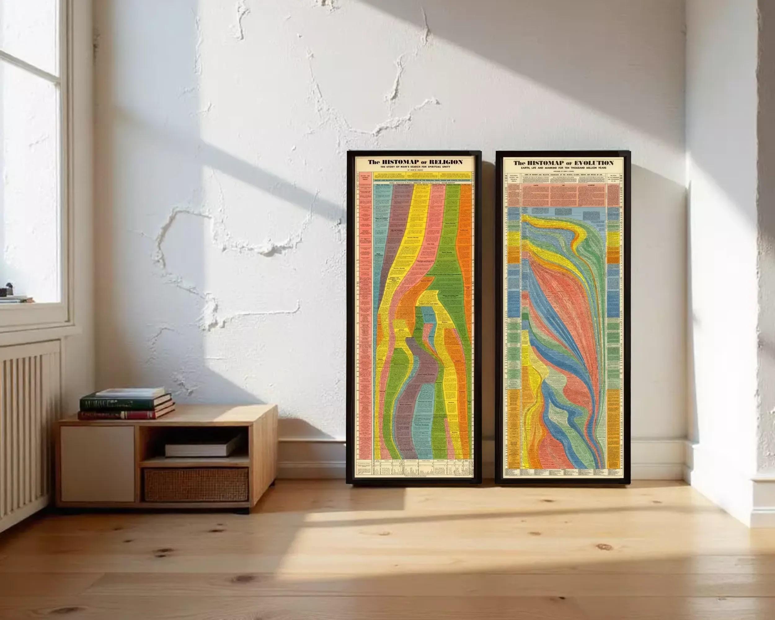 two framed maps or diagrams on a wall, with a wooden floor and a small table or shelf in the foreground.