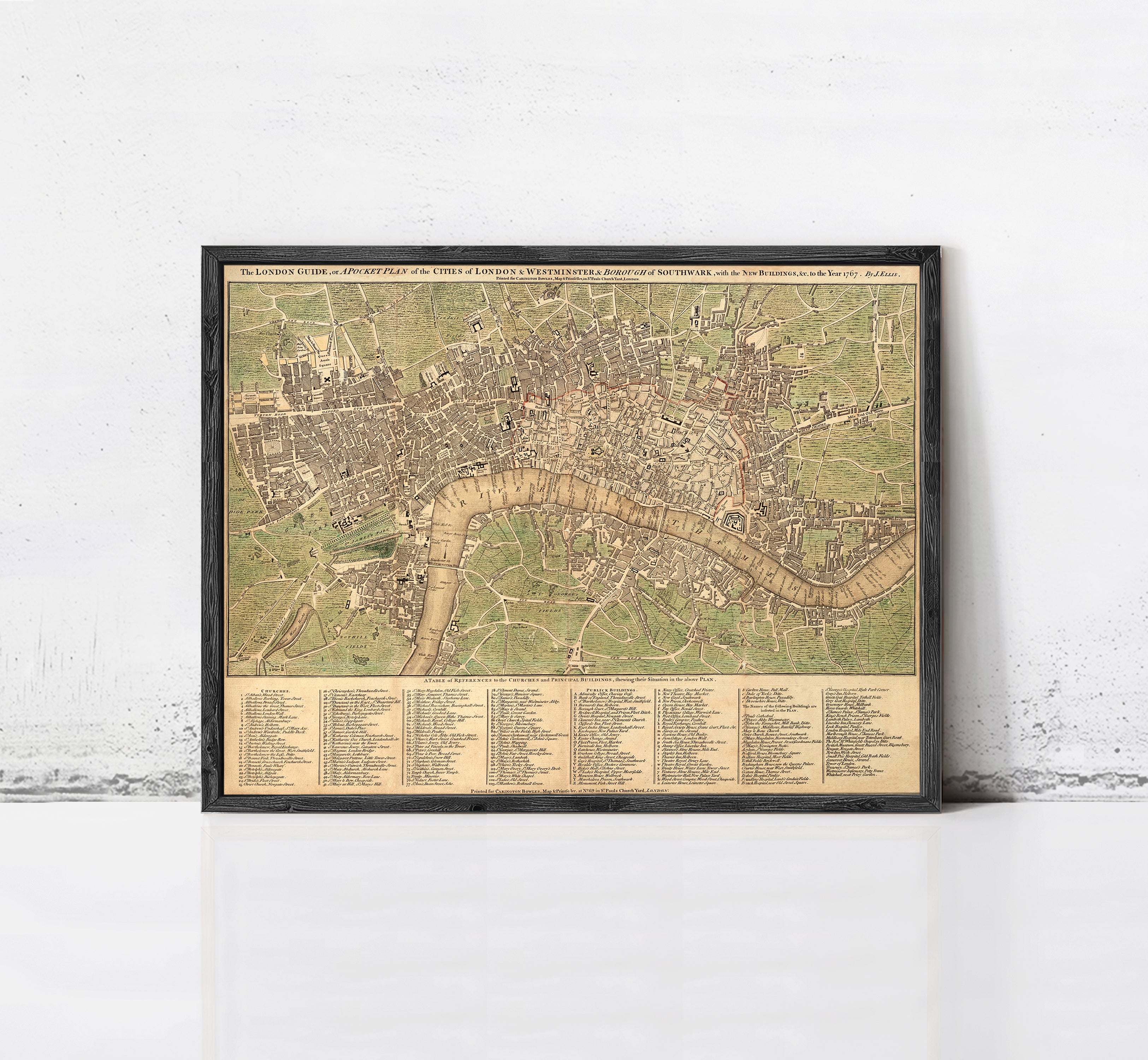 The image is a framed vintage map of London, England, depicting the city's layout and surrounding areas.