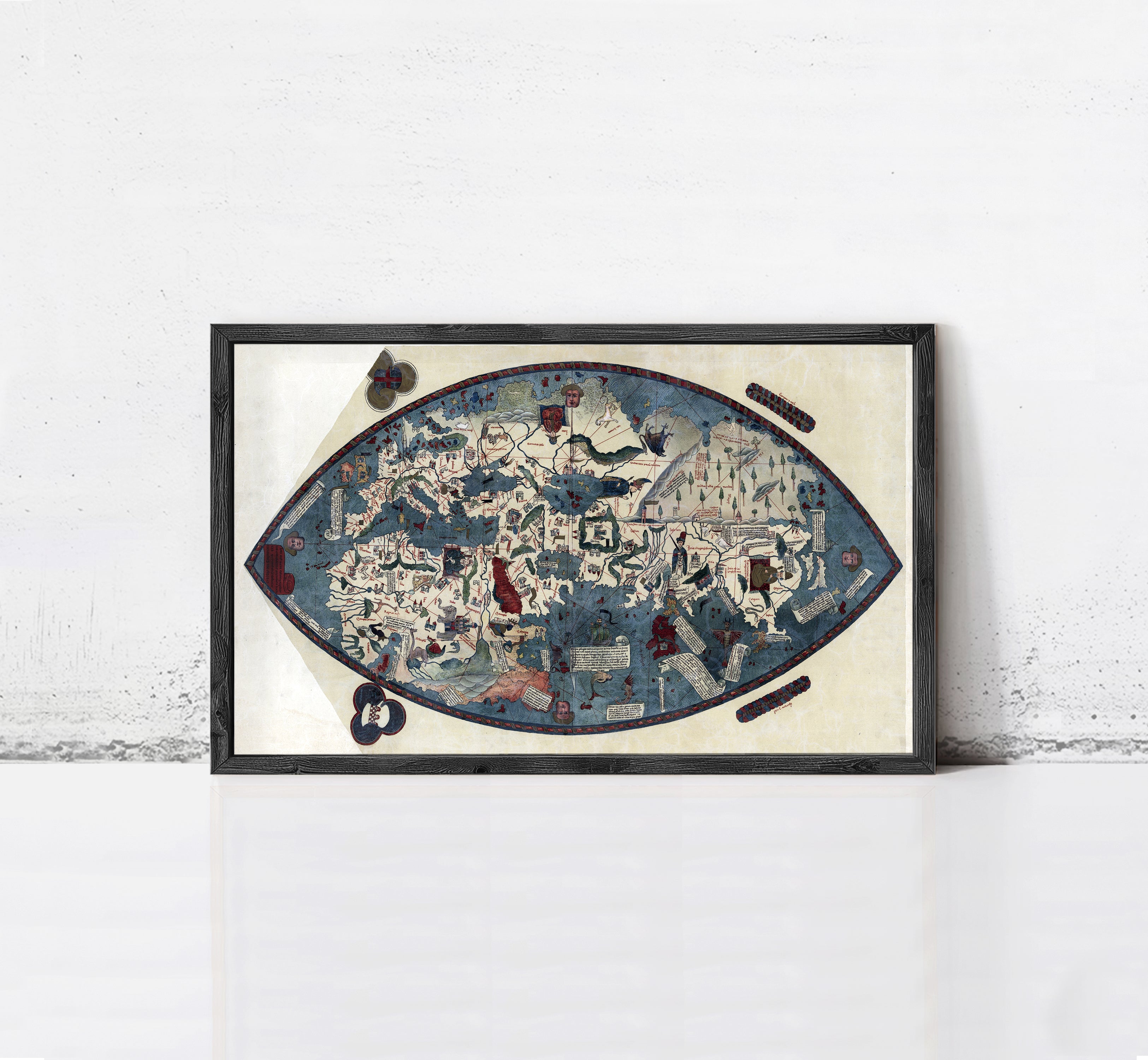 The image is a framed map of the world, depicting various landmarks and geographical features.