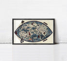 The image is a framed map of the world, depicting various landmarks and geographical features.