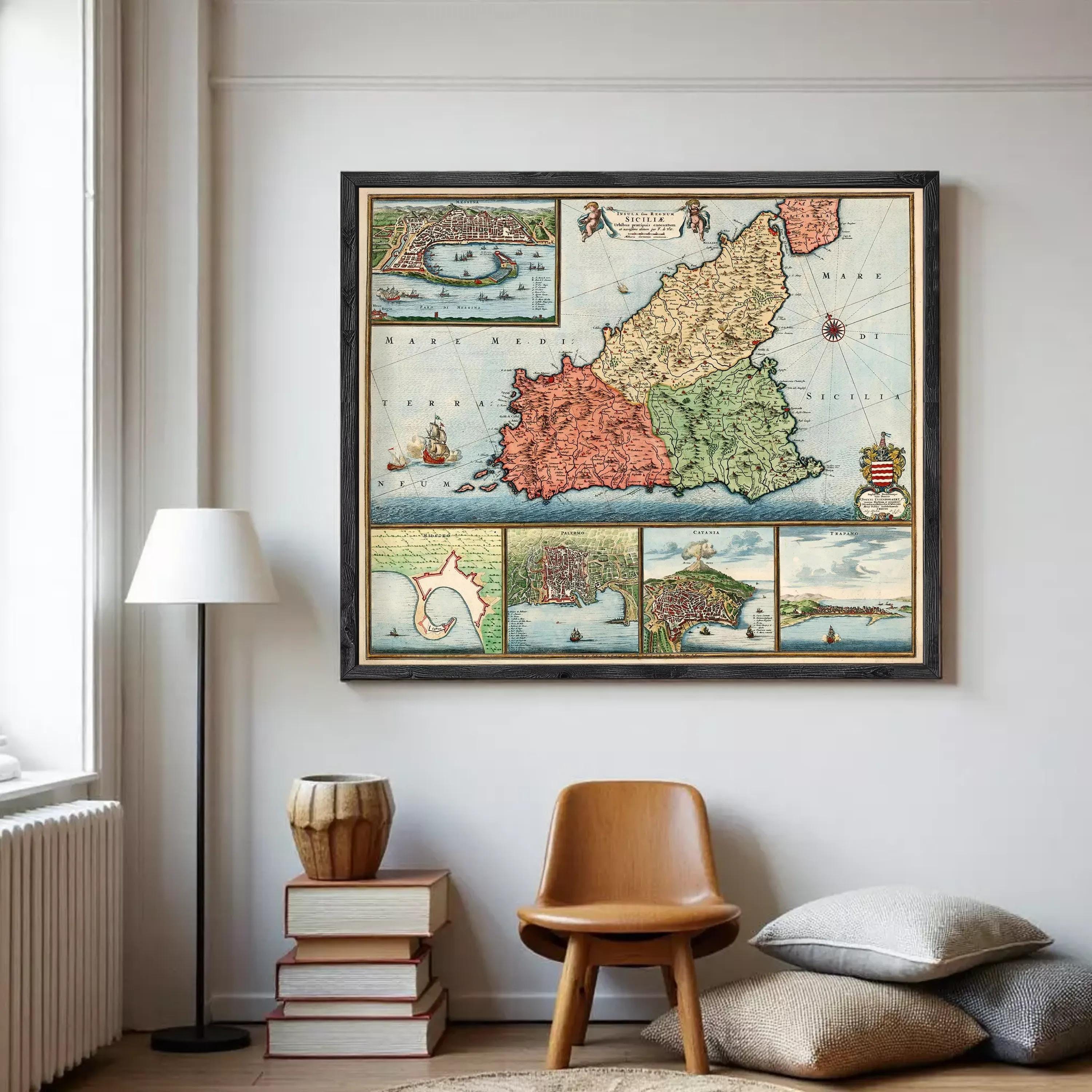 The image is a framed vintage map of Italy, depicting various regions and landmarks across the country.