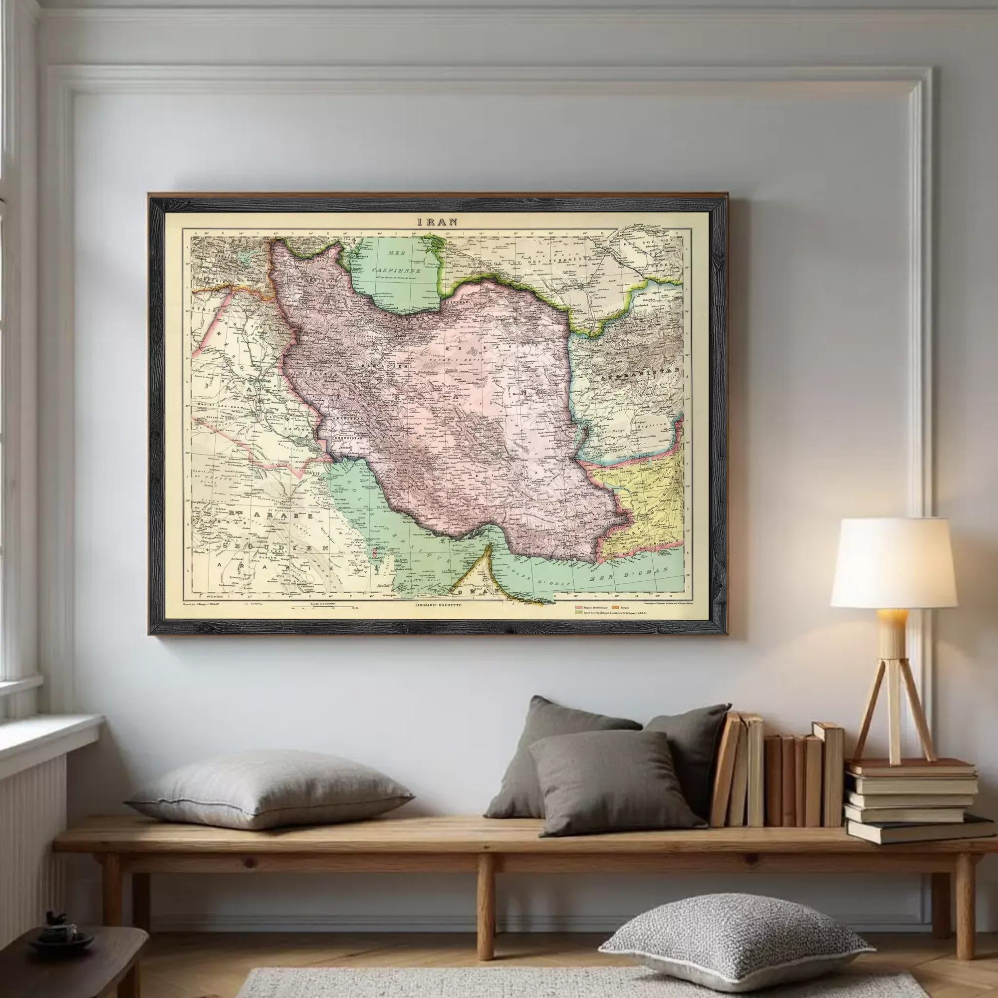 The image is a framed vintage map of Iran, depicting the country's geographical layout and surrounding areas.