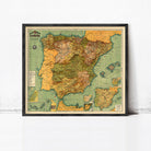 The image is a framed vintage map of Spain, showing the country's geographical layout and surrounding areas.