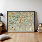 The image is a framed vintage map of Europe, featuring intricate illustrations and detailed geographical information.