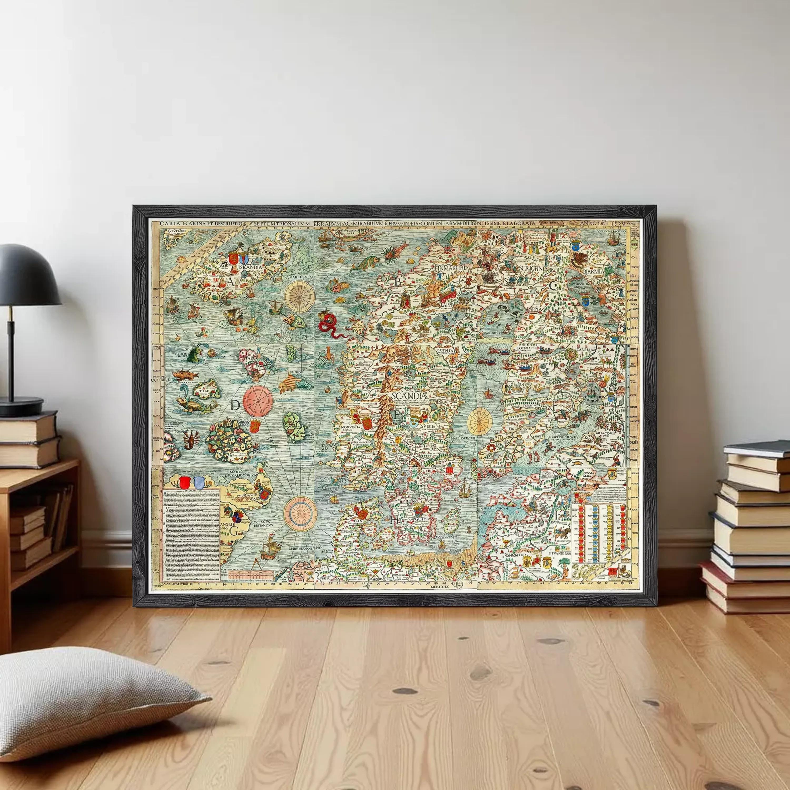 The image is a framed vintage map of Europe, featuring intricate illustrations and detailed geographical information.