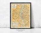The image is a framed vintage map of Budapest, Hungary, depicting the city's streets, landmarks, and surrounding areas.