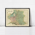 The image is a framed map of Germany and parts of Eastern Europe, depicting the country's geographical layout and surrounding areas.