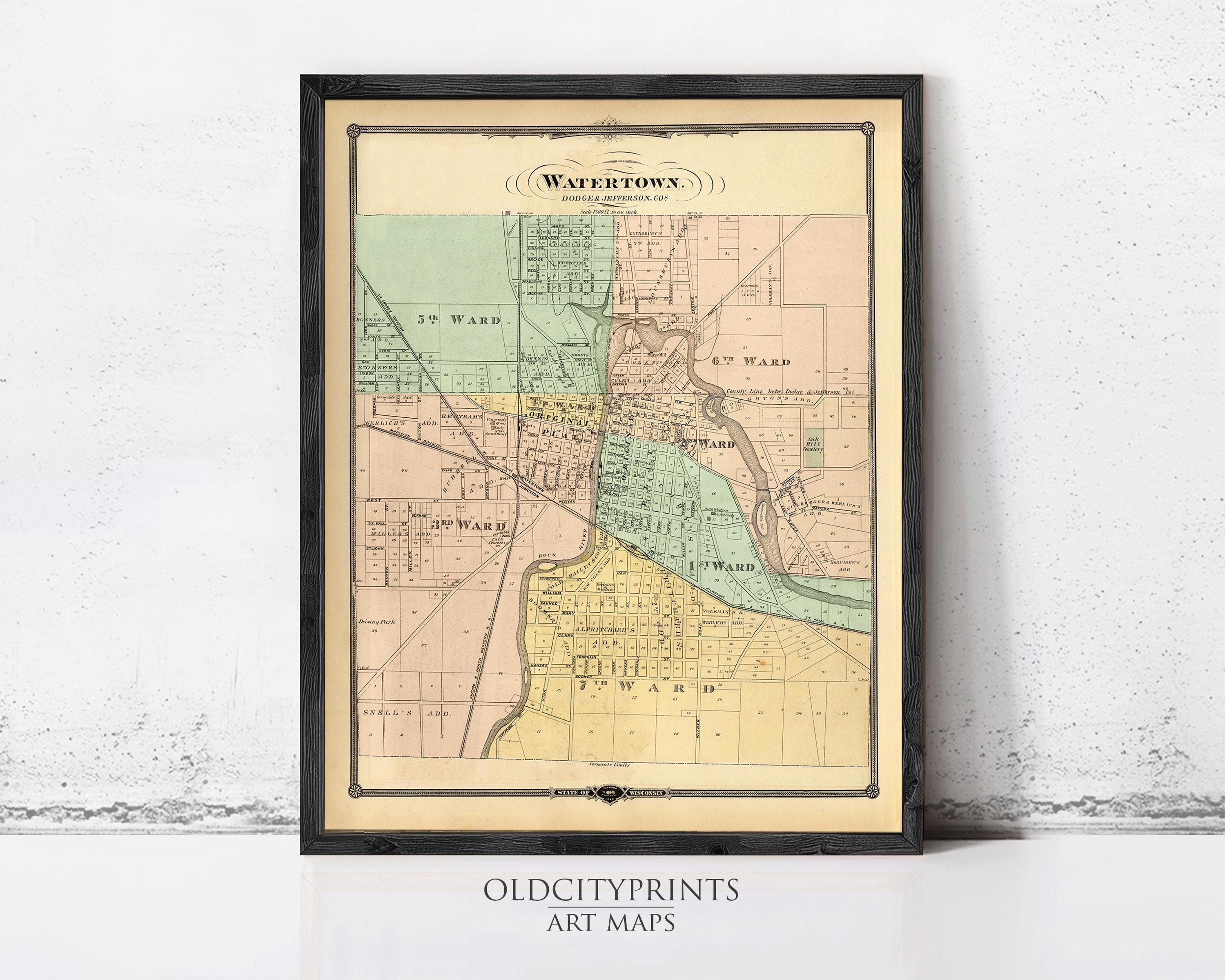The image is a framed antique map of Watertown, Pennsylvania, depicting the town and surrounding areas in a vintage style.