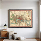 The image is a framed vintage map of London, England, depicting the city's streets, landmarks, and waterways.