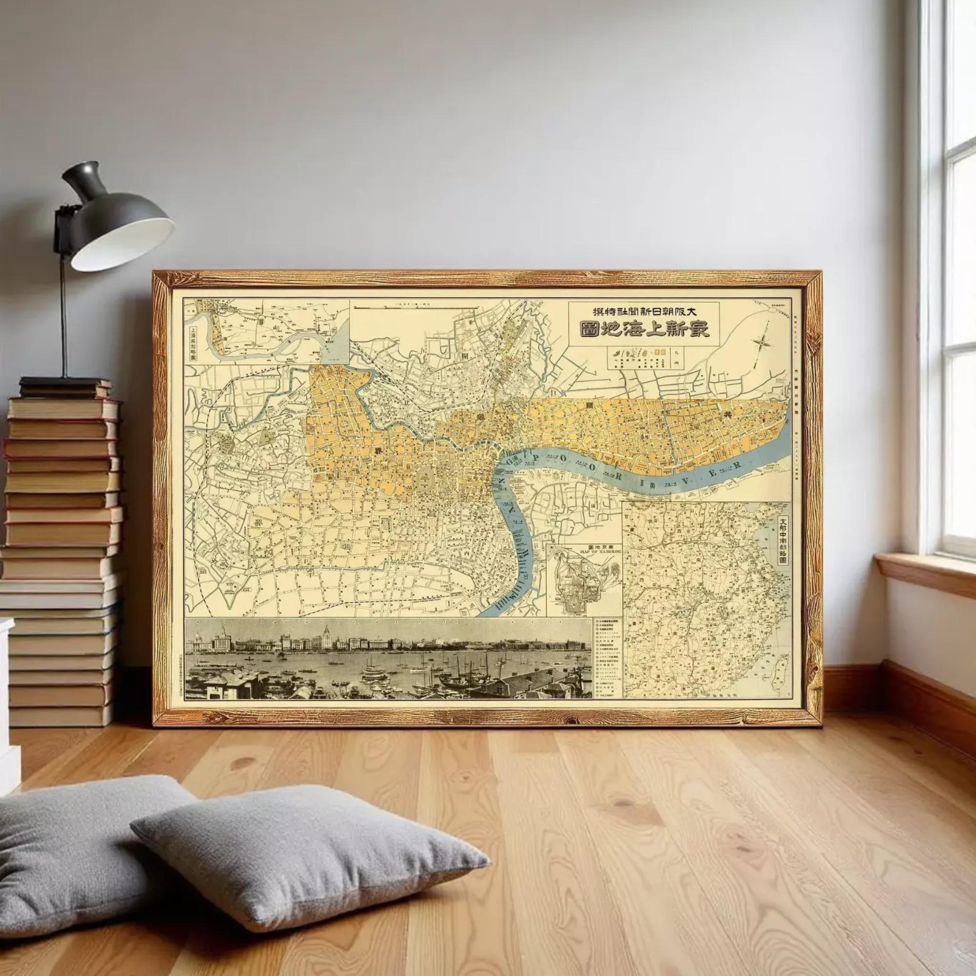 a large framed map of London, England, with a cityscape visible in the background.