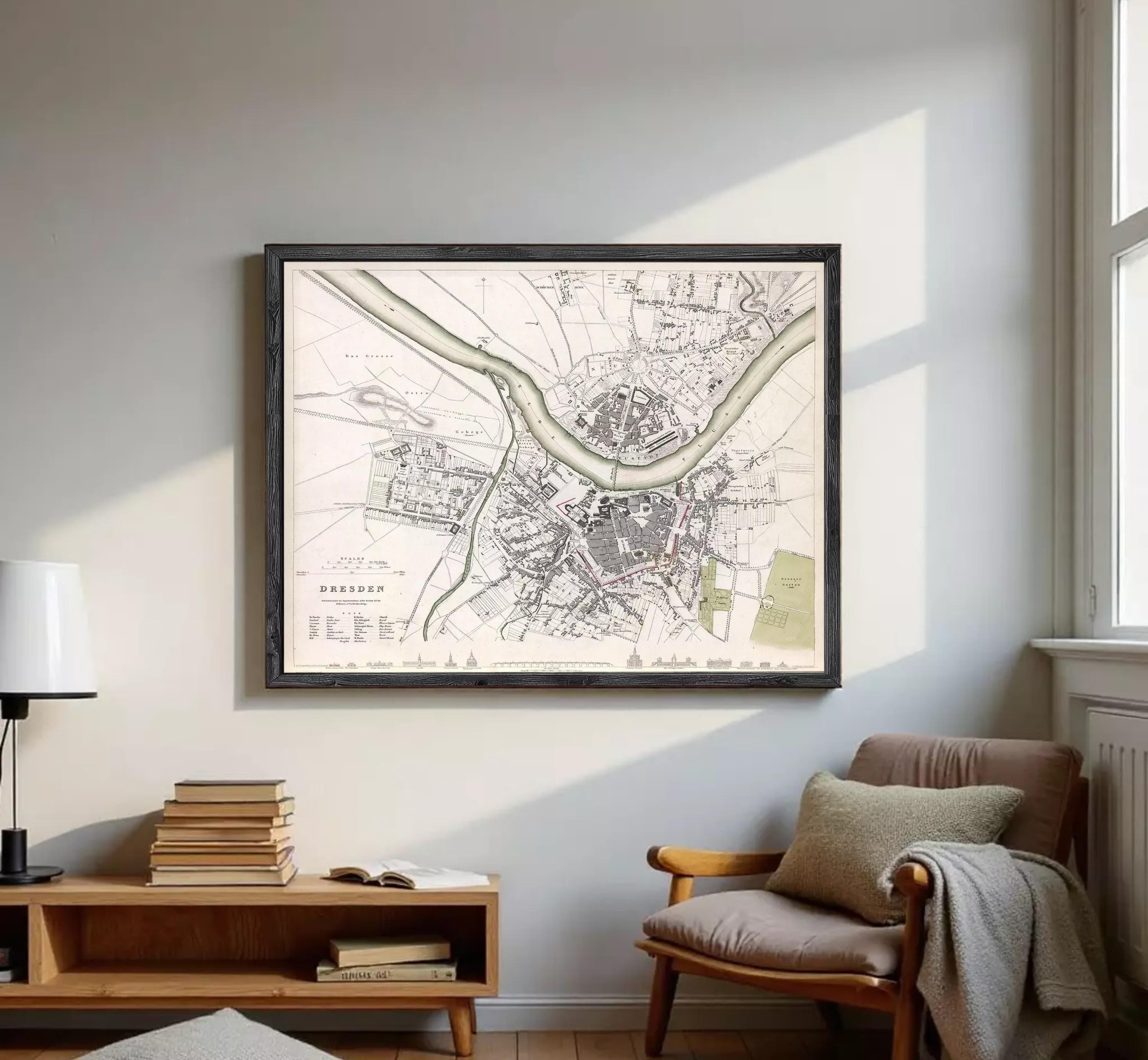The image is a framed map of Dresden, Germany, depicting the city's layout and surrounding areas.