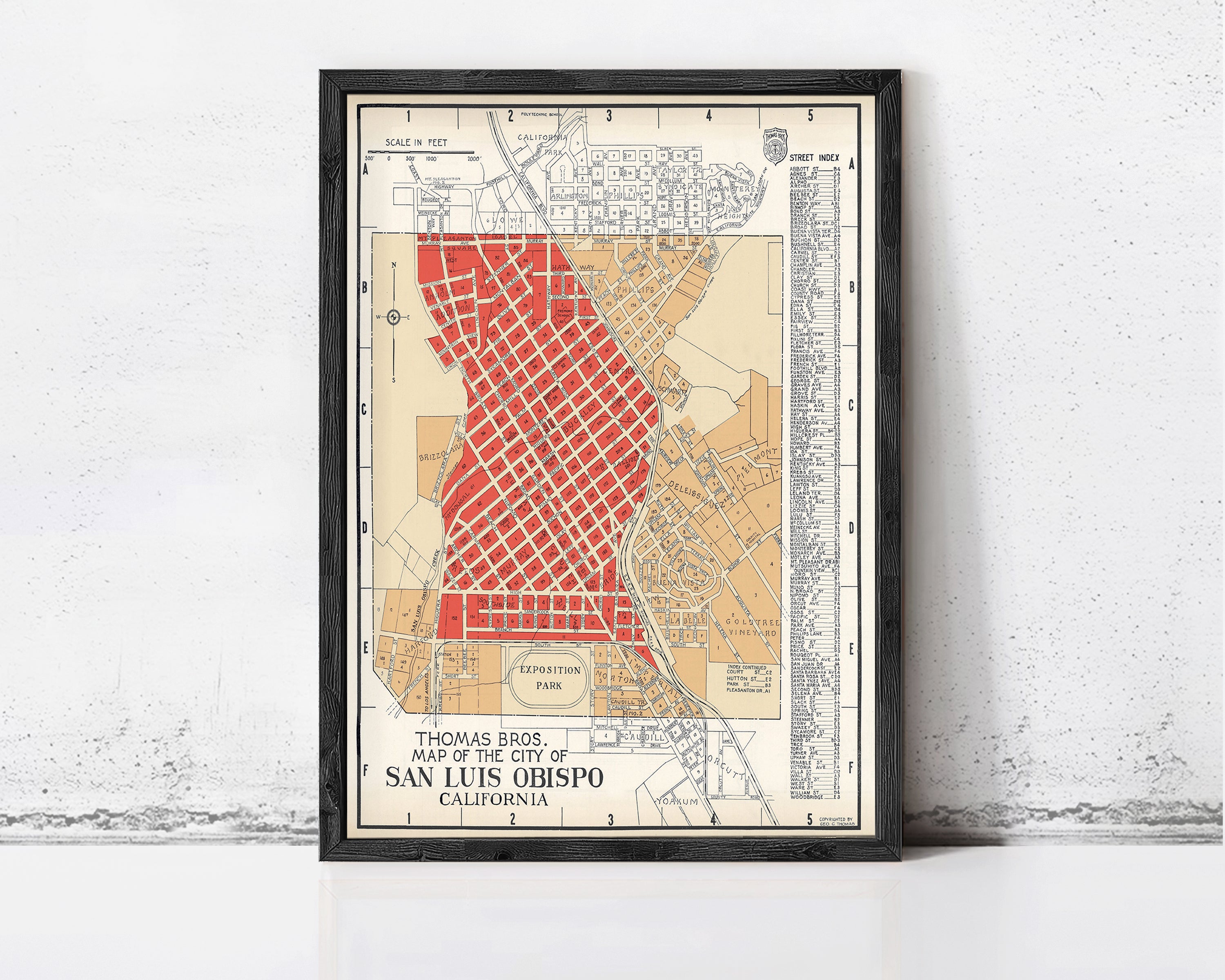 The image is a framed vintage map of San Luis Obispo, California, depicting the city's streets and surrounding areas.