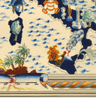 The image is a colorful and detailed map depicting various elements such as a ship, palm trees, a volcano, and a person.