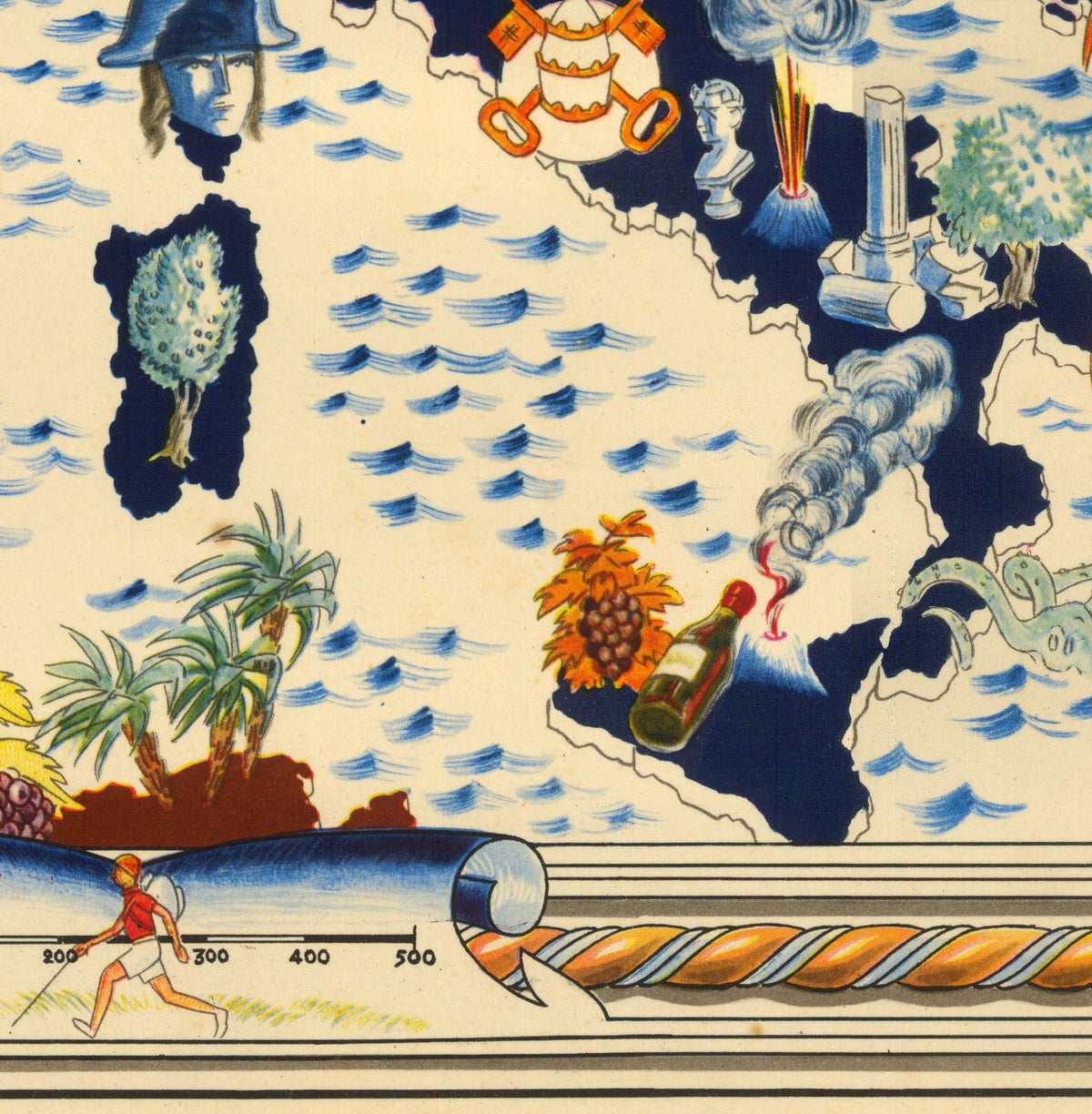 The image is a colorful and detailed map depicting various elements such as a ship, palm trees, a volcano, and a person.