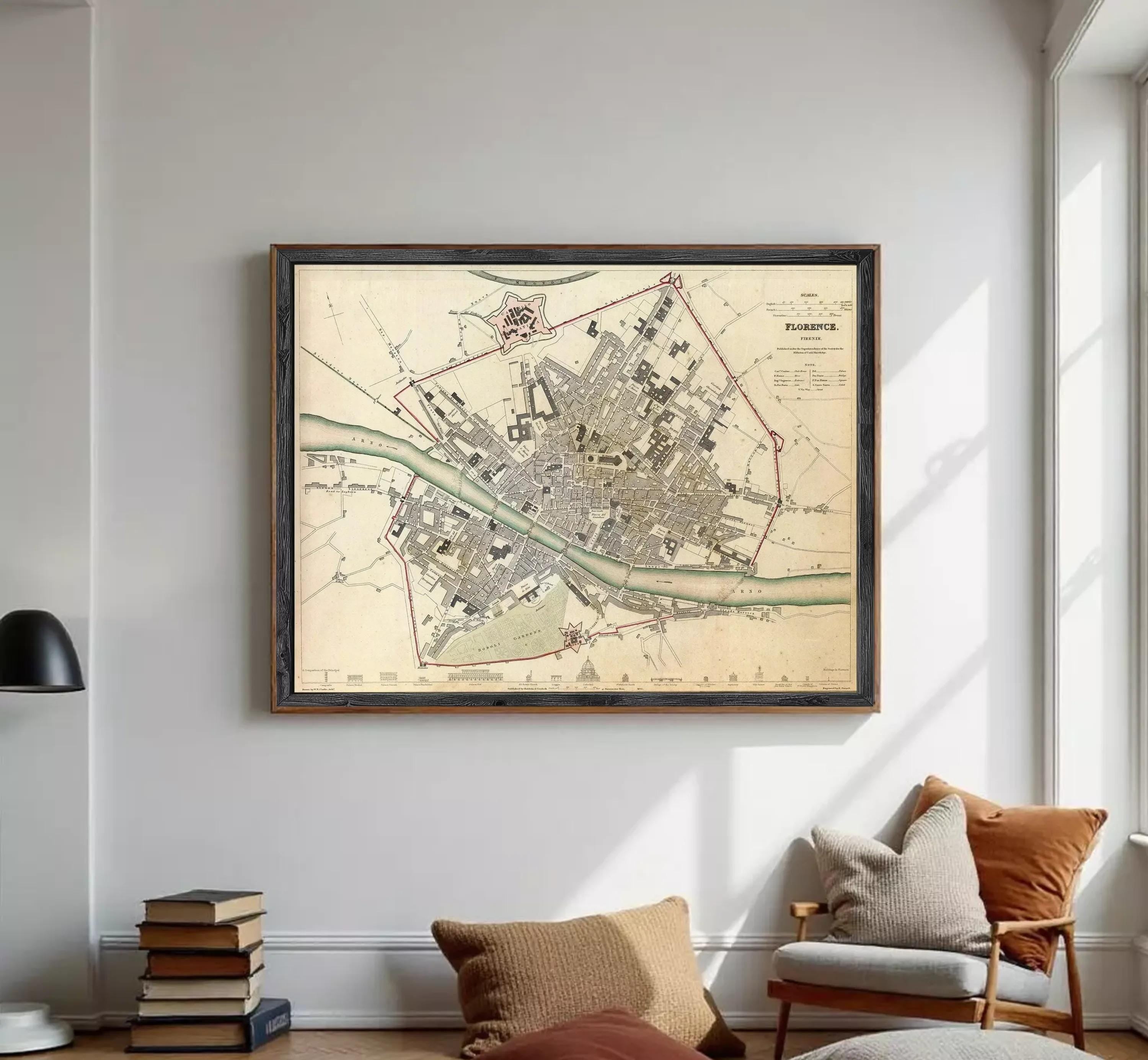 The image is a framed map of Florence, Italy, depicting the city's layout and surrounding areas.