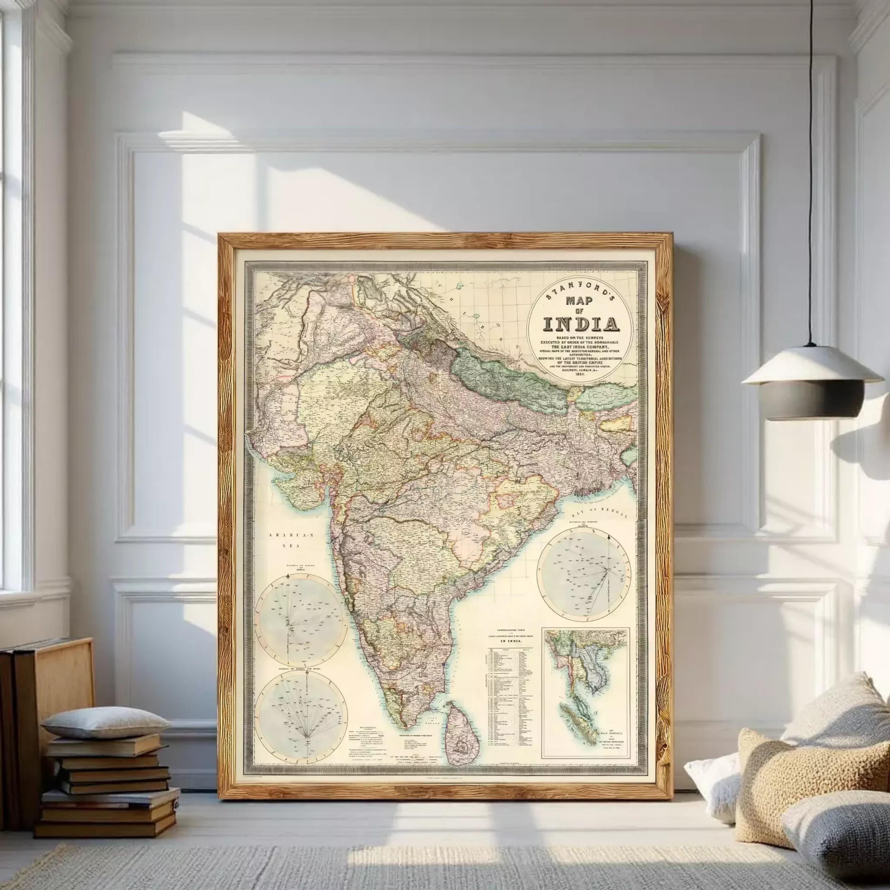 The image is a framed vintage map of India, depicting the country's geographical layout and boundaries.