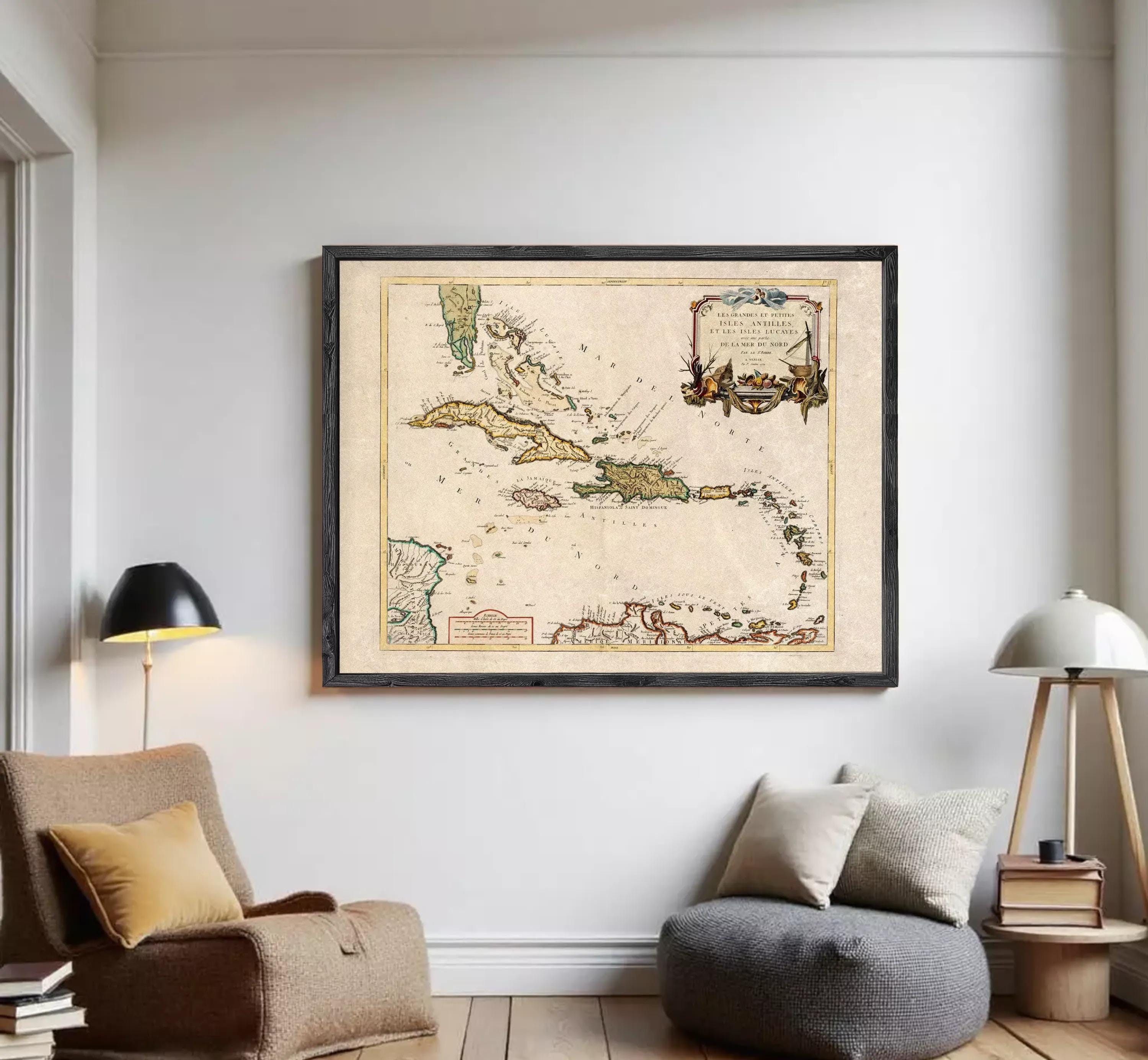 The image is a framed vintage map of the Caribbean region, depicting various islands and coastlines.