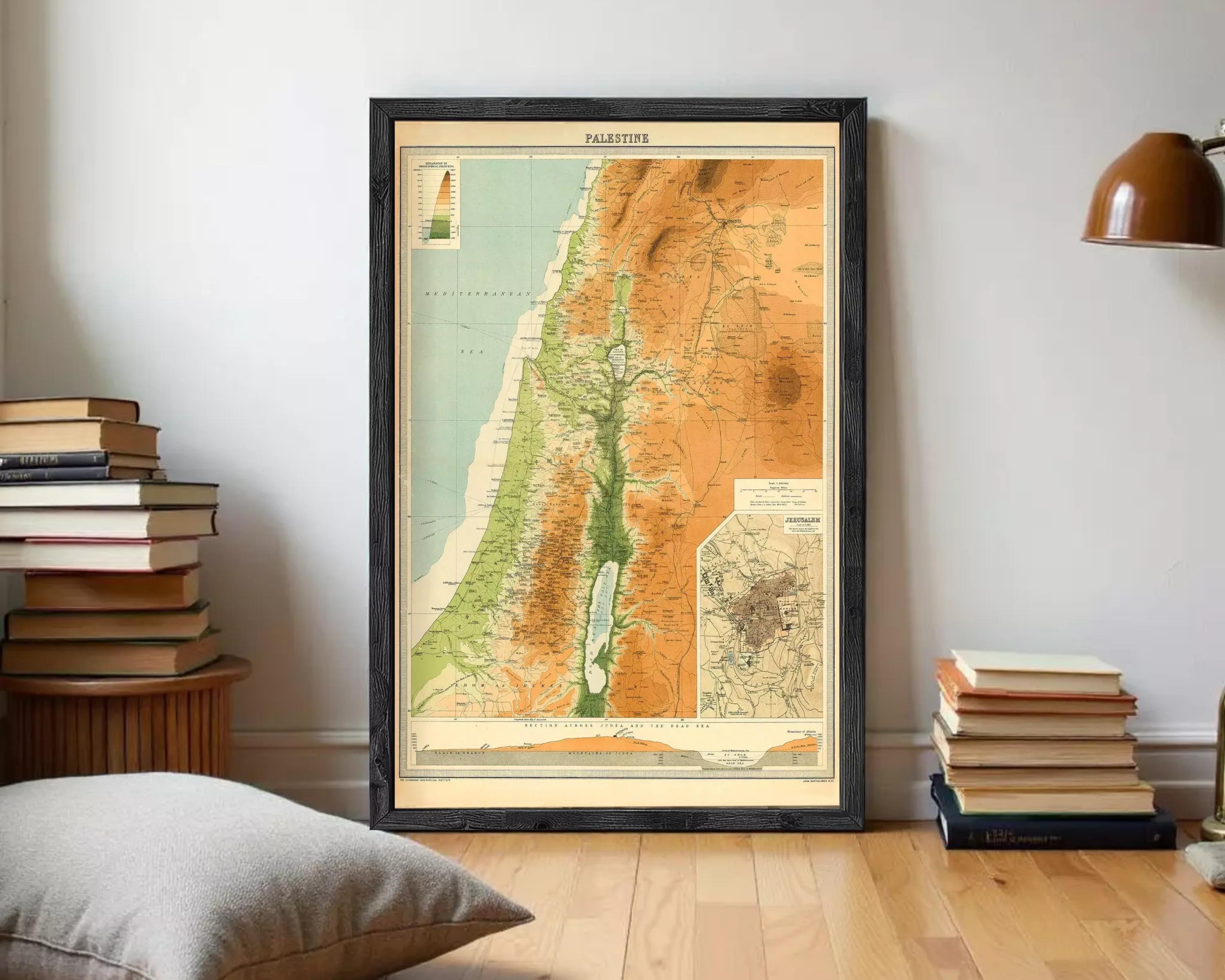 The image is a framed vintage map of the Middle East, depicting various geographical features and locations.