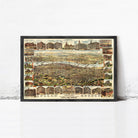 The image is a framed vintage map of Portland, Oregon, depicting various buildings and landmarks in the city.