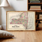 A framed map of New York State, depicting the state's geographical layout and surrounding areas.