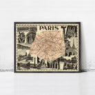 The image is a framed vintage map of Paris, featuring various landmarks and cityscapes.