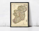 The image is a framed map of Ireland, depicting the country's geographical layout and surrounding areas.
