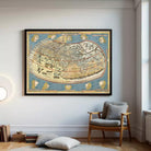 The image is a framed vintage map of the world, featuring intricate illustrations and detailed cartography.