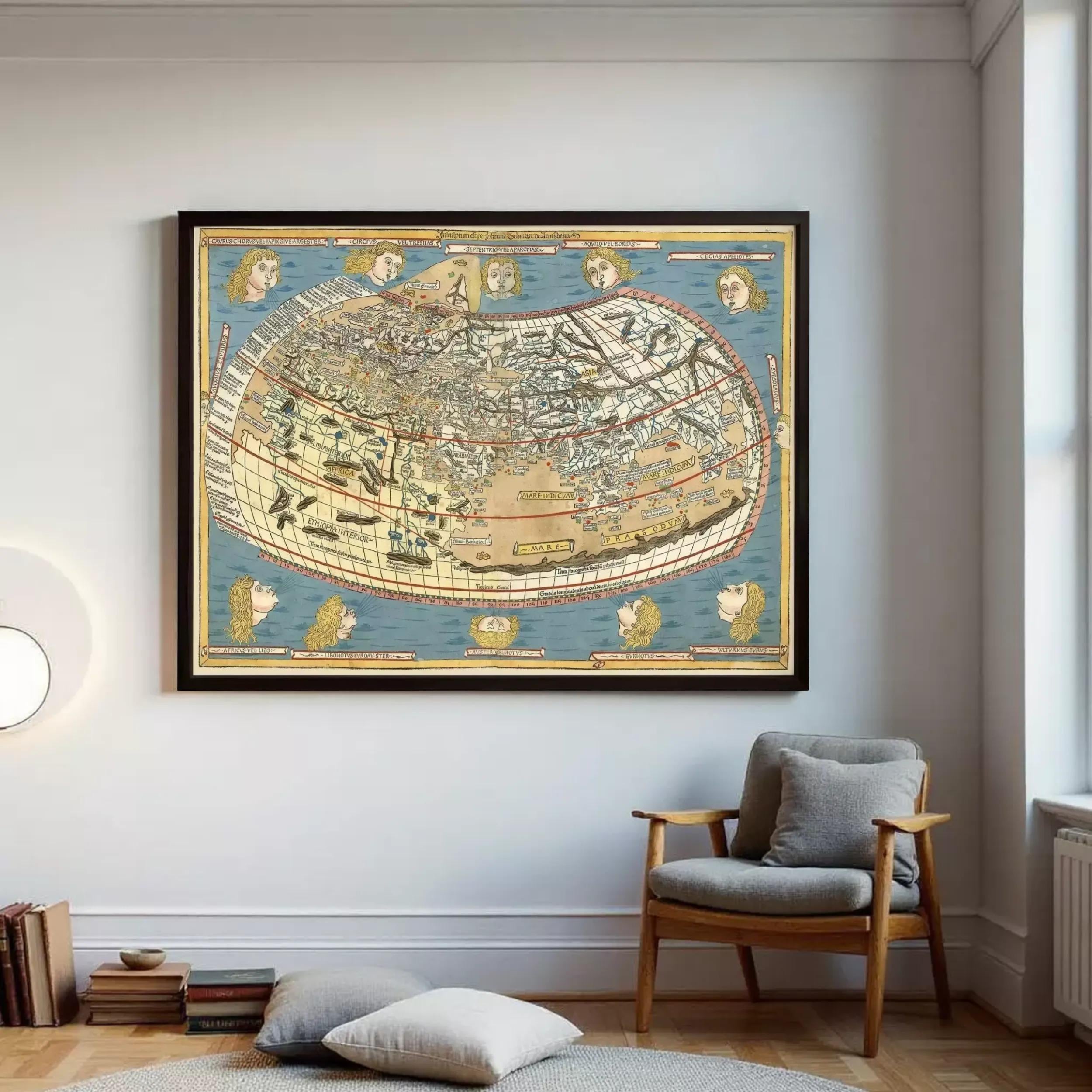 The image is a framed vintage map of the world, featuring intricate illustrations and detailed cartography.