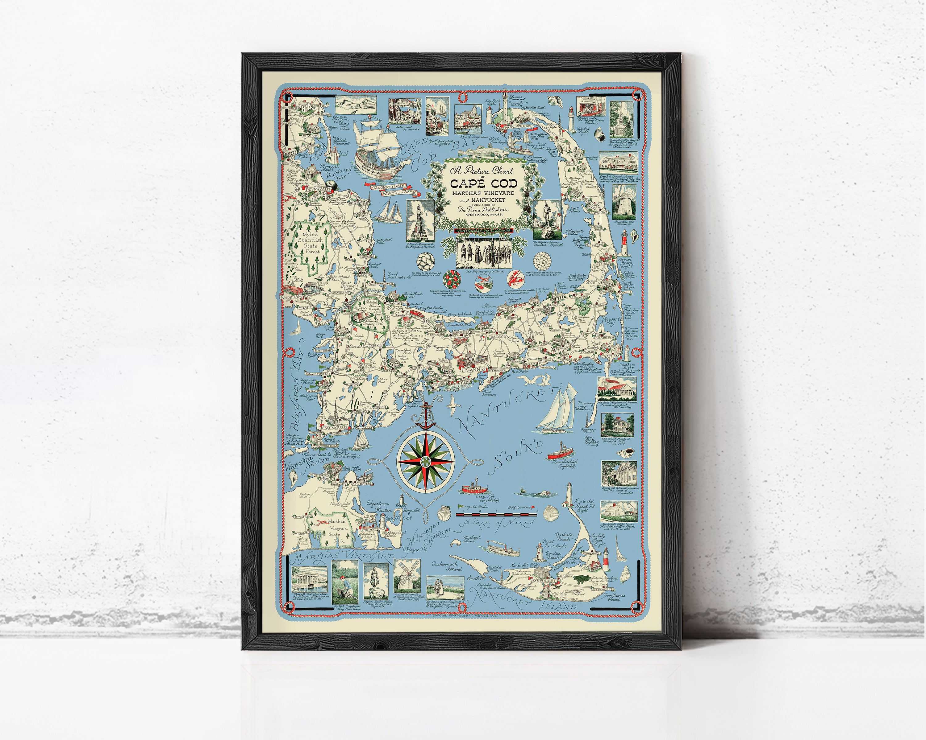 The image is a framed vintage map of Cape Cod, Massachusetts, depicting various landmarks, locations, and nautical elements.
