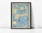 The image is a framed vintage map of Cape Cod, Massachusetts, depicting various landmarks, locations, and nautical elements.