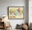 The image is a framed vintage world map with colorful landmasses and a grid system.
