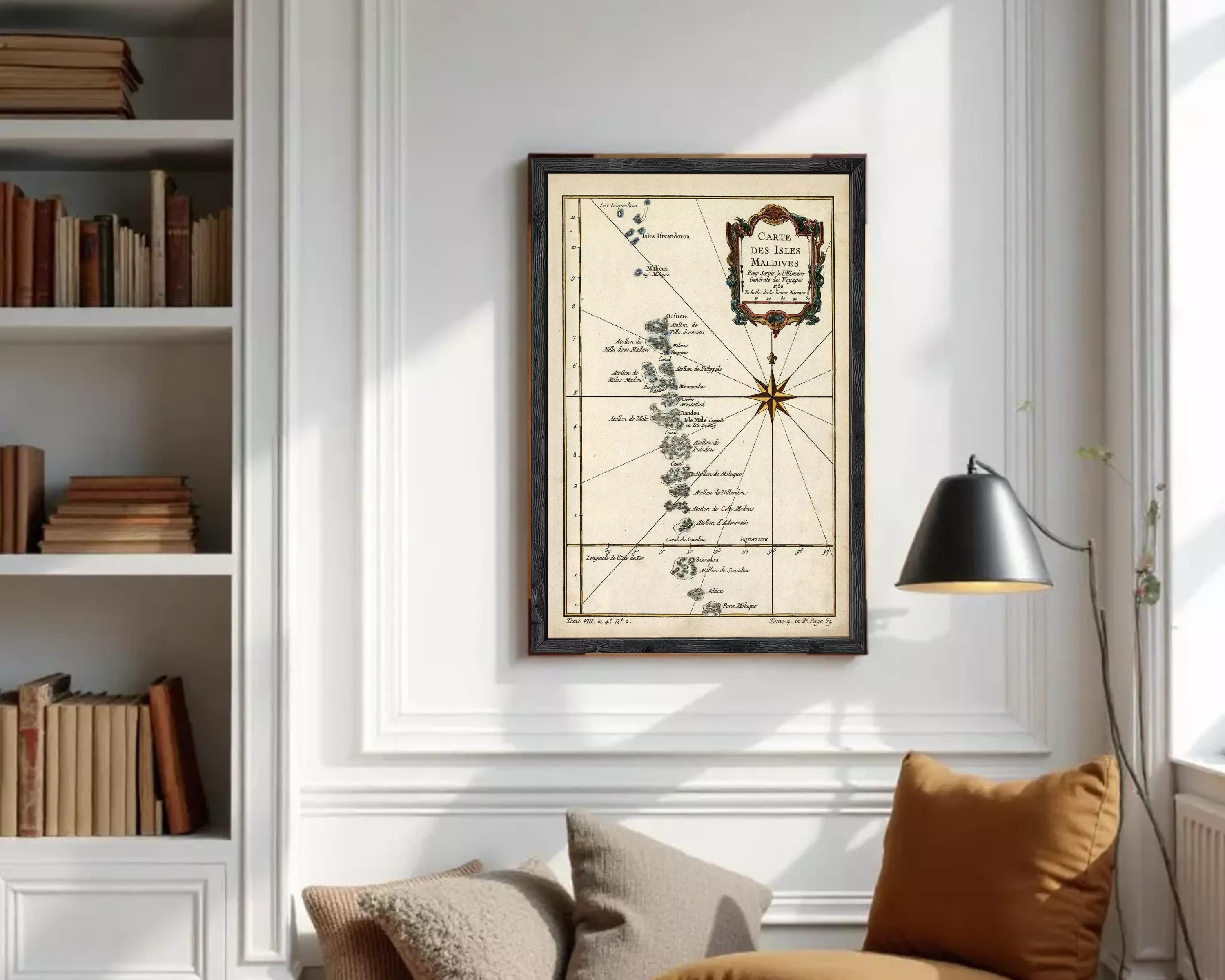 The image is a framed map of the Maldives, a group of islands located in the Indian Ocean.