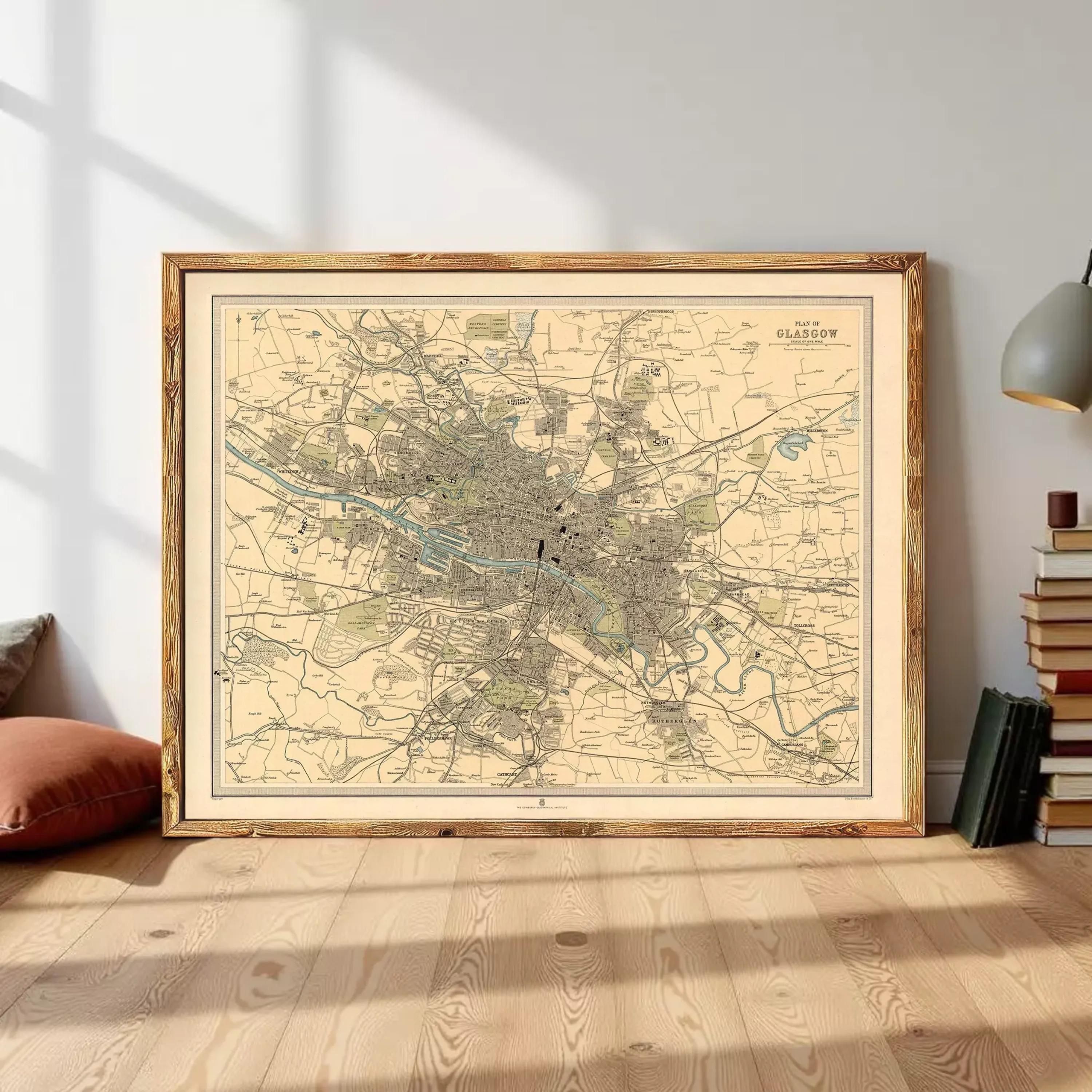 The image is a framed vintage map of Glasgow, Scotland, depicting the city's layout and surrounding areas.