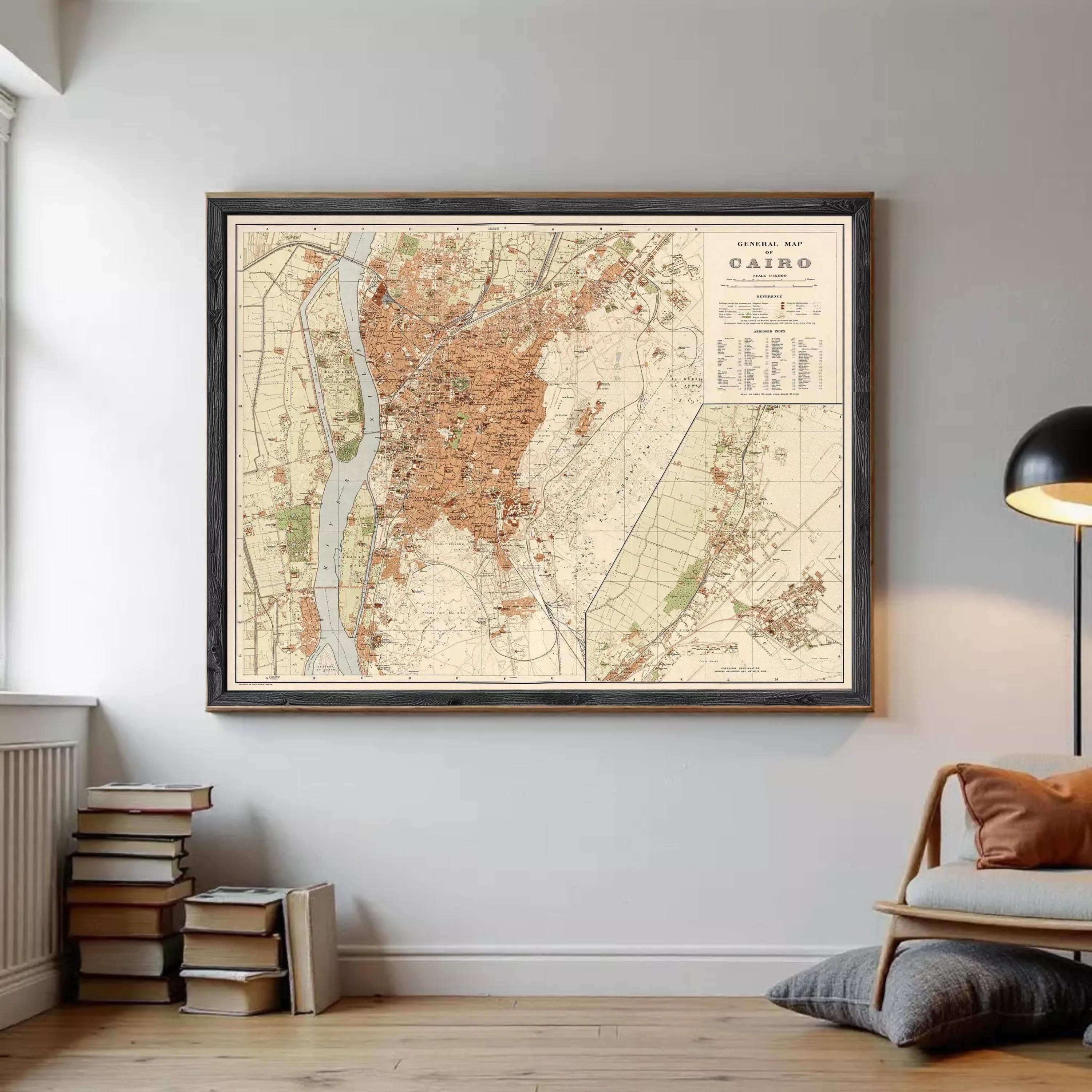 The image is a framed vintage map of Cairo, Egypt, depicting the city's layout and surrounding areas.