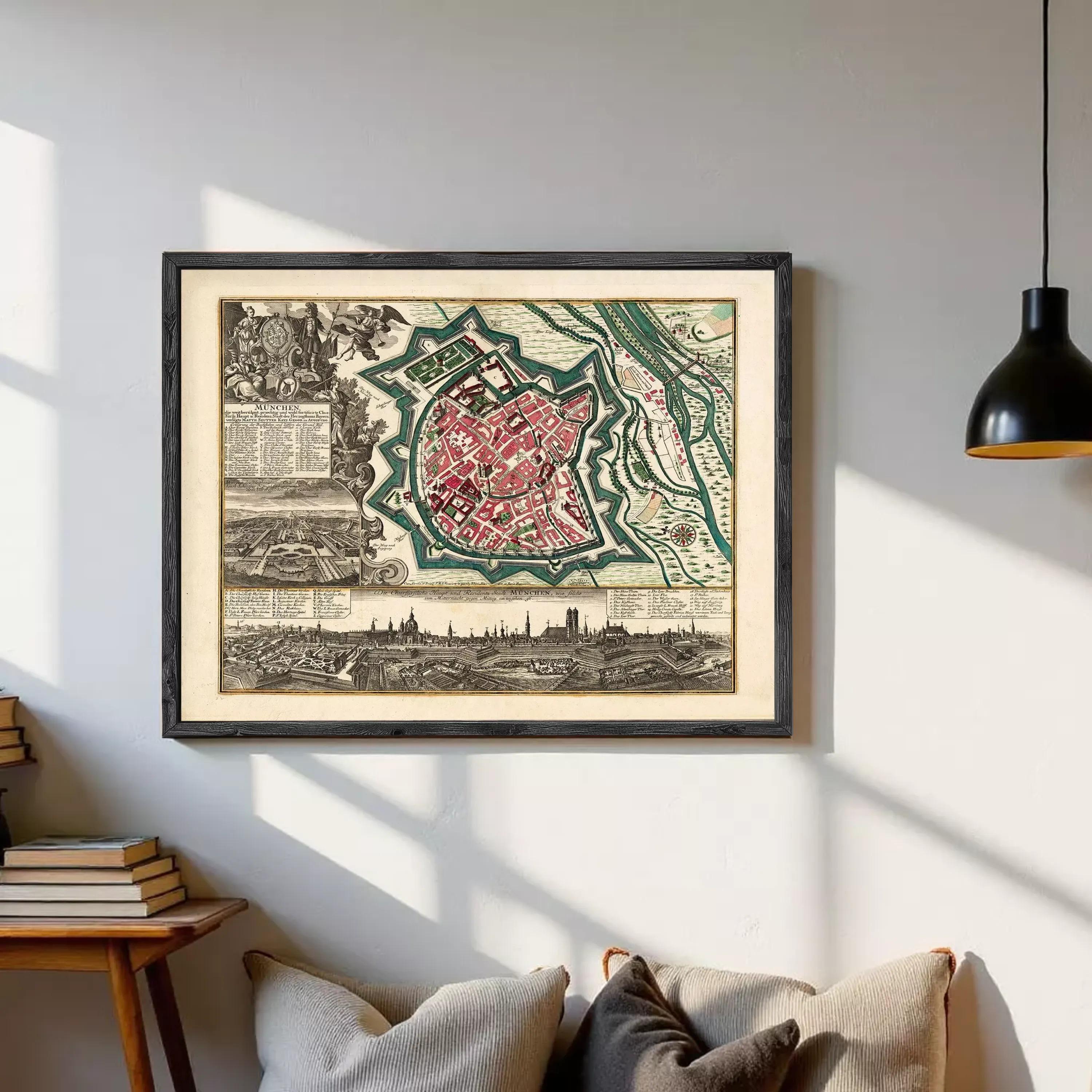 The image is a framed vintage map of a city, depicting a detailed layout of the city's streets, buildings, and surrounding landscape.