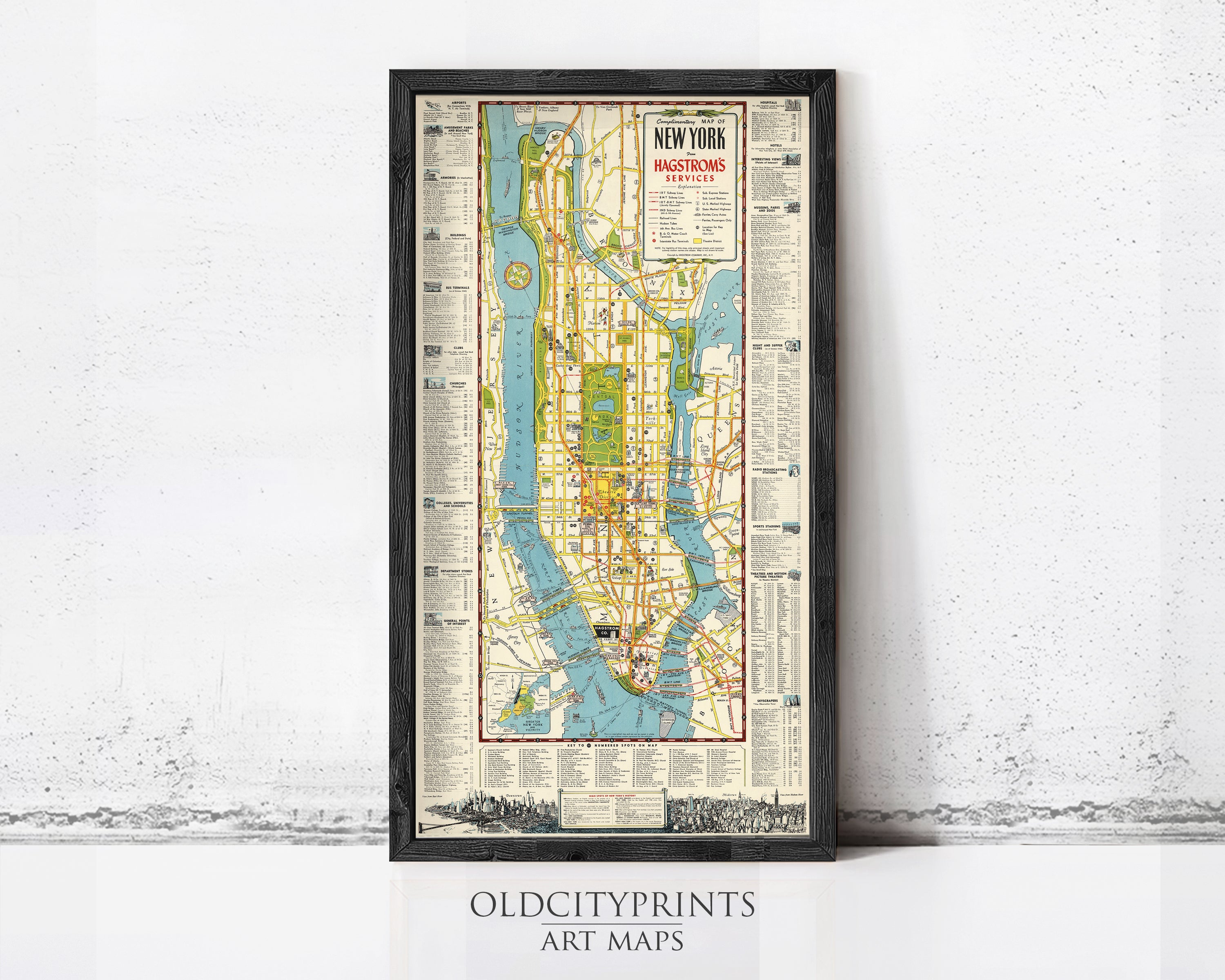 The image is a framed vintage map of New York City, featuring a detailed layout of the city's streets, landmarks, and waterways.