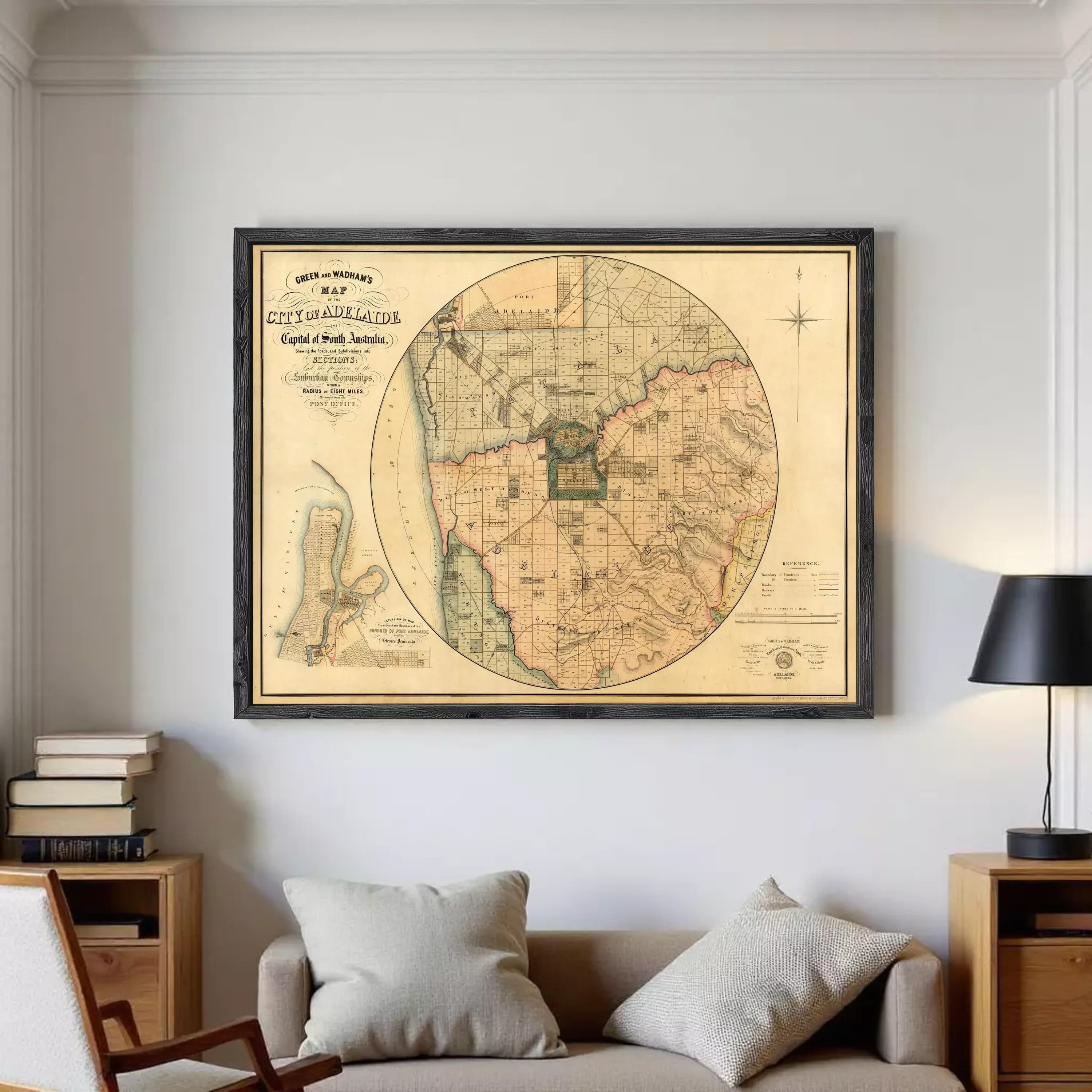 The image is a framed vintage map of the city of Citadel of South Australia, showing the layout of the city and surrounding areas.